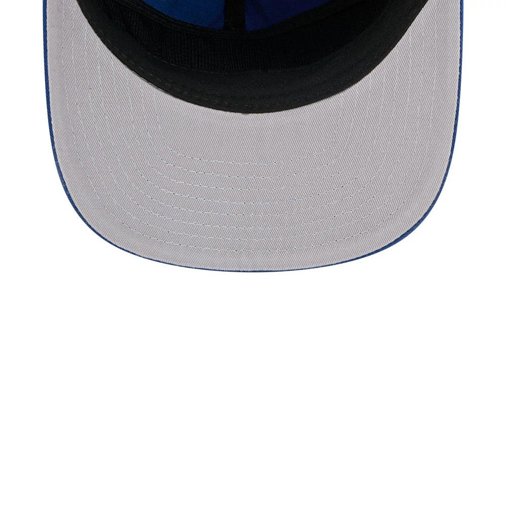 Chicago Cubs MLB Championship Blue New Era 19TWENTY Adjustable Cap, inside view showing a black sweatband, blue interior panels, taping, and a grey undervisor with detailed stitching around the edges.