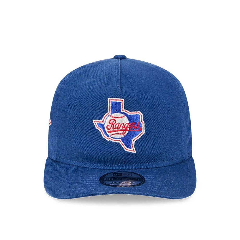 Texas Rangers MLB Championship Blue New Era 19TWENTY Adjustable Cap, front view showing the white and red embroidered Texas Rangers logo on the blue crown above the curved visor, with a 19TWENTY size sticker on the visor.