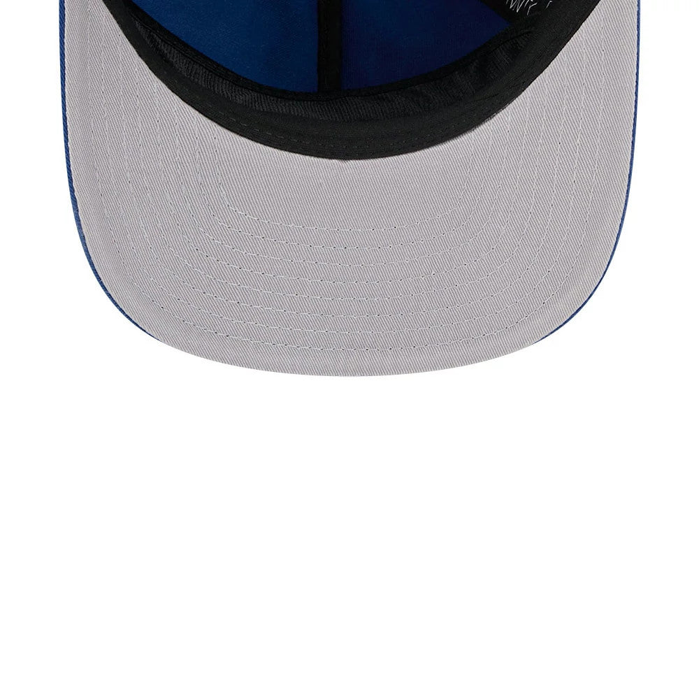Texas Rangers MLB Championship Blue New Era 19TWENTY Adjustable Cap, inside view showing the black sweatband, grey undervisor, and blue interior panels, with intricate stitching details on the underside.