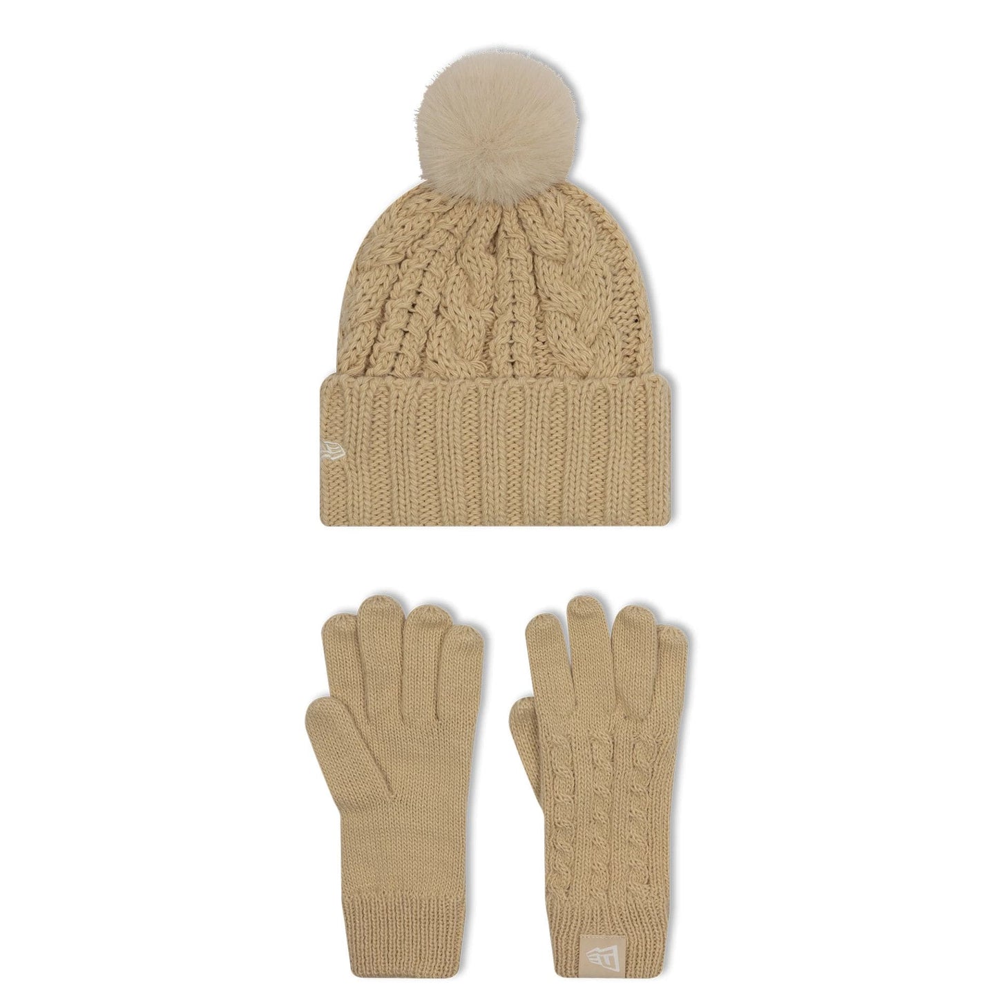 New Era New York Yankees Youth MLB Beige Beanie & Gloves Set, front view showing a beige cable-knit beanie with a fluffy pom-pom and the New Era flag logo, alongside matching knit gloves with ribbed cuffs and Yankees logo tag.