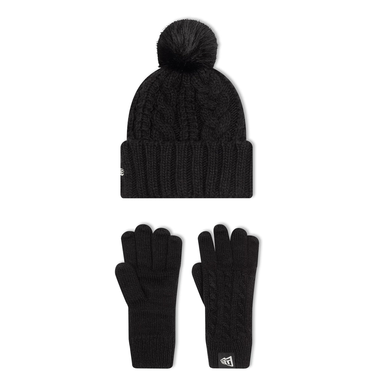 New Era New York Yankees Youth MLB Black Beanie & Gloves Set, front view showing a cable-knit black beanie with a pom-pom and the New Era flag logo on the cuff, paired with matching black gloves featuring the New Era logo near the wrist.