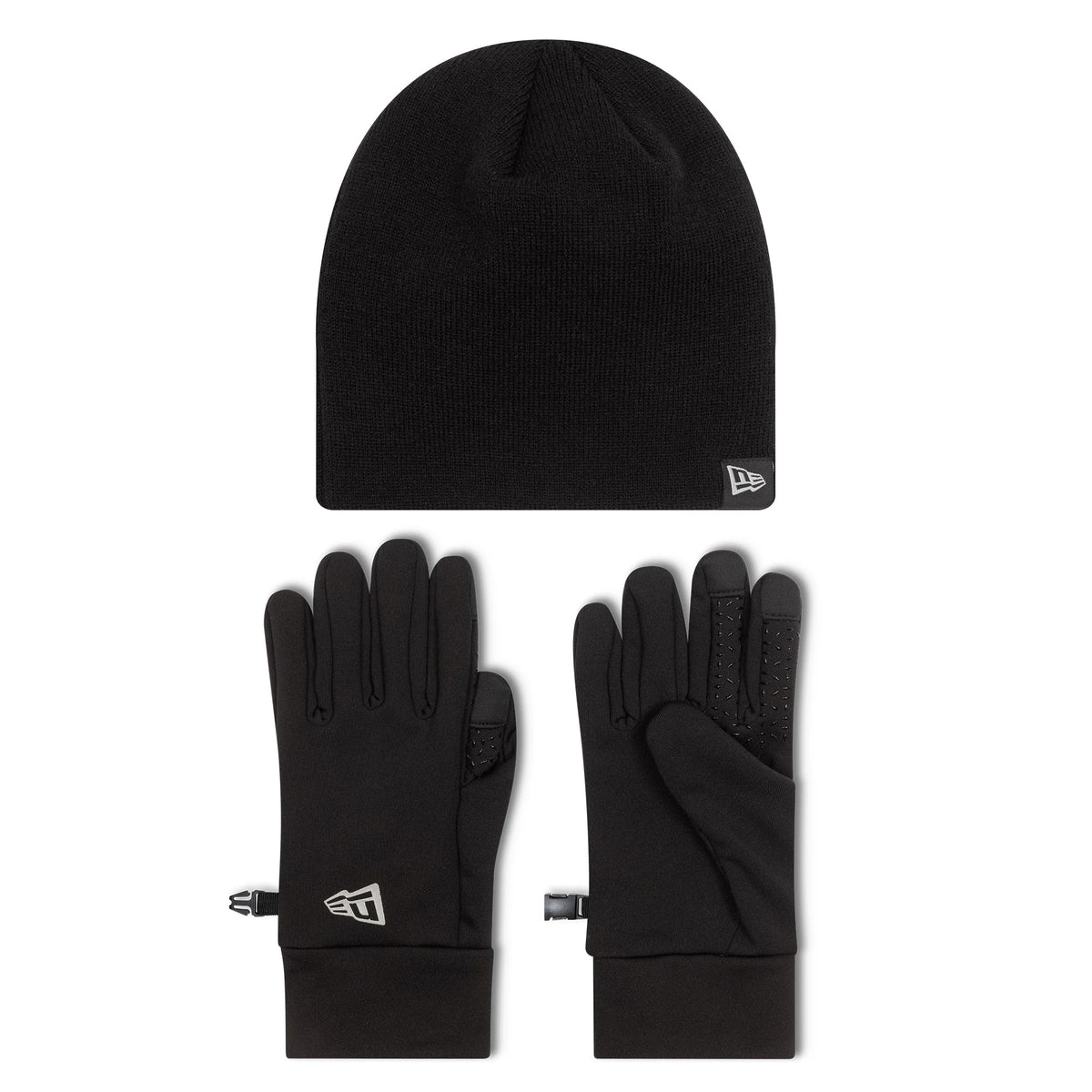 New Era Black Beanie & Gloves Set, top view showing a black beanie with a New Era flag logo on the cuff, alongside a pair of matching black gloves with grips on the palms and New Era branding on the cuffs.