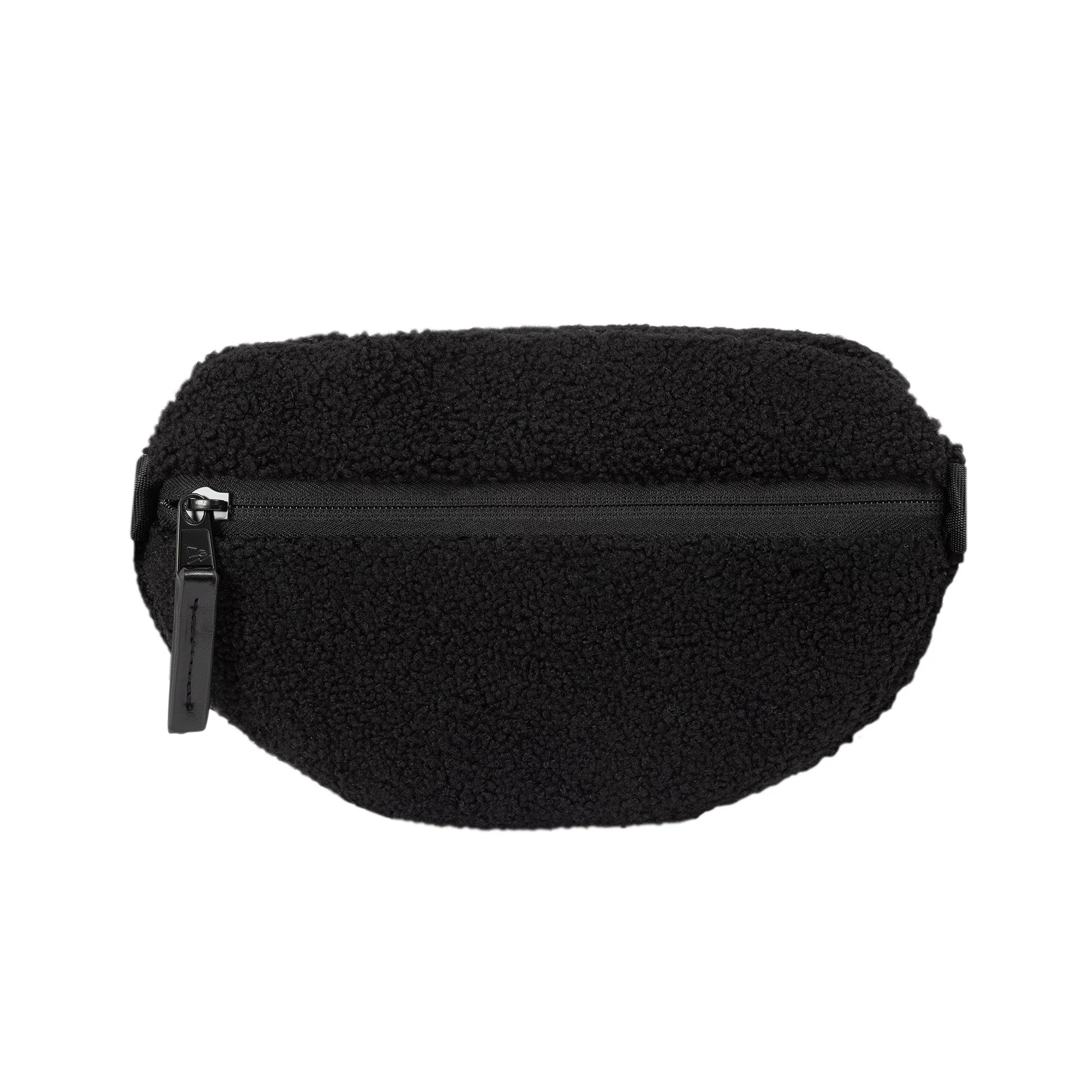 New Era New York Yankees MLB Borg Pin Black Waist Bag, front view showing the textured black exterior with a horizontal zip closure across the top, a black pull tab attached, and along the edges.