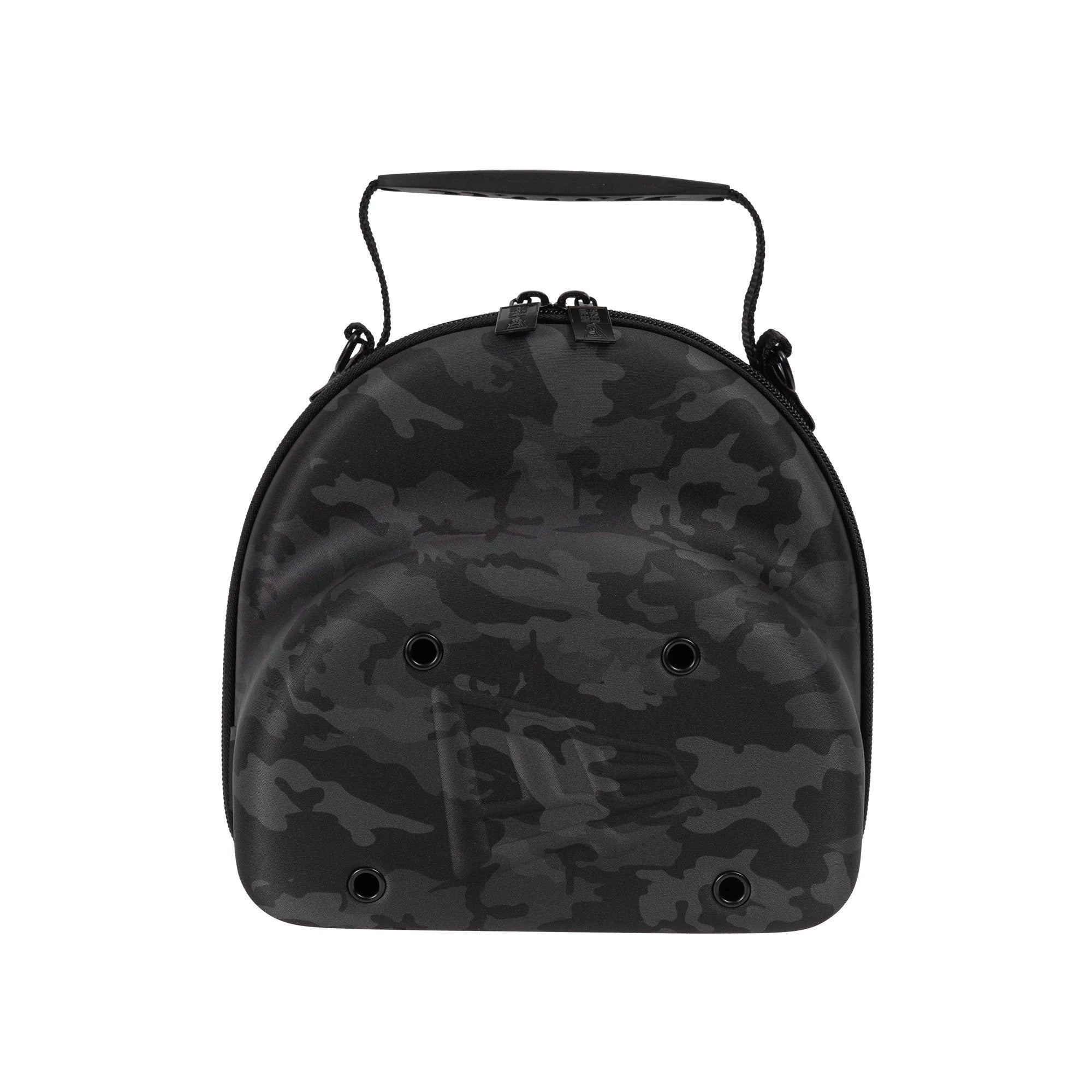 New Era Camo Black 2Pk 59FIFTY Cap Carrier, front view showing the black and grey camouflage print, a top handle, a pair of zippers at the top edge, four eyelets, and a debossed New Era logo towards the bottom centre.