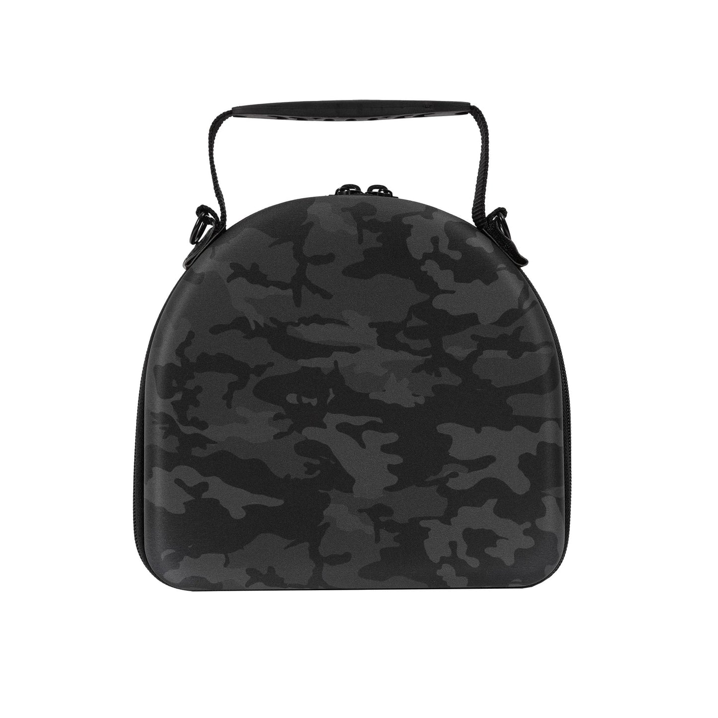 New Era Camo Black 2Pk 59FIFTY Cap Carrier, front view showing the black camouflage pattern shell with a zip closure along the edge, a short fixed handle on top, and an embossed New Era logo near the base.