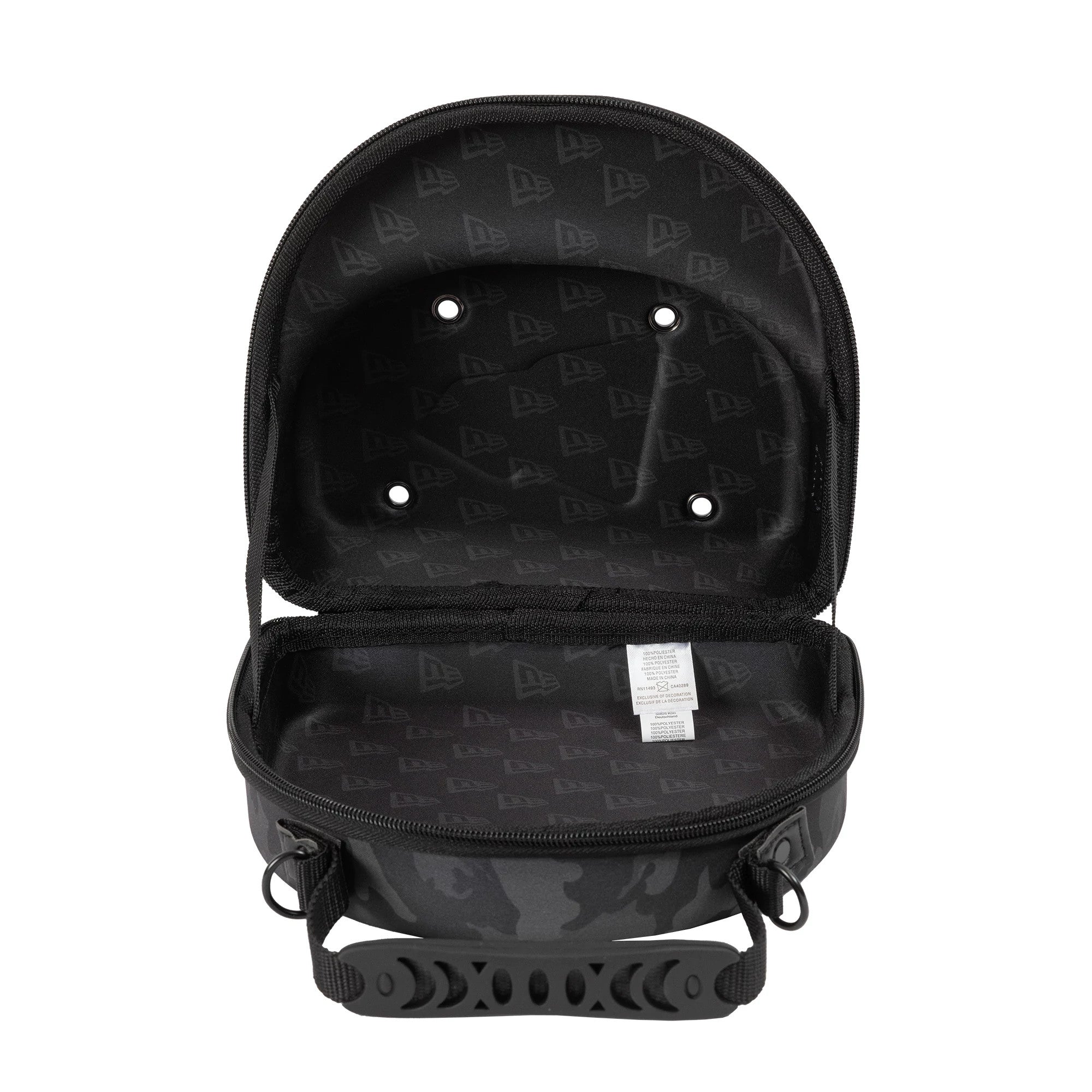 New Era Camo Black 2Pk 59FIFTY Cap Carrier, open view showing the lid lifted back revealing interior eyelets and a repeated debossed New Era logo pattern, with a handle on the base of the camo-patterned shell.