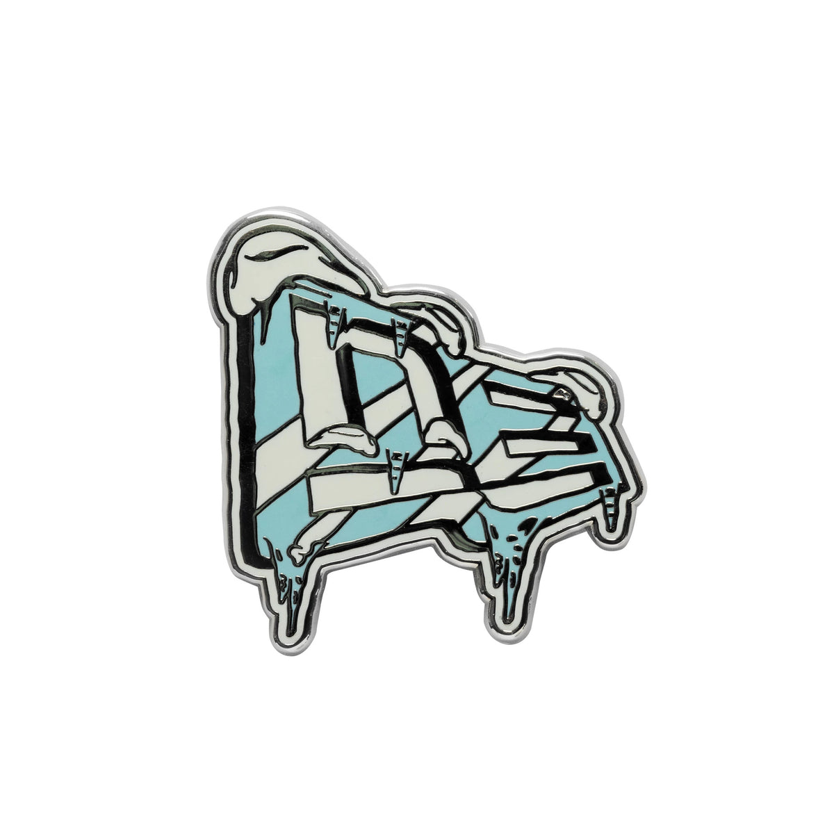 New Era Iced Flag Blue Pin Badge, front view showing an icy design with light blue and white stripes resembling dripping icicles, outlined in black, forming the letters NE in a stylised icy theme.