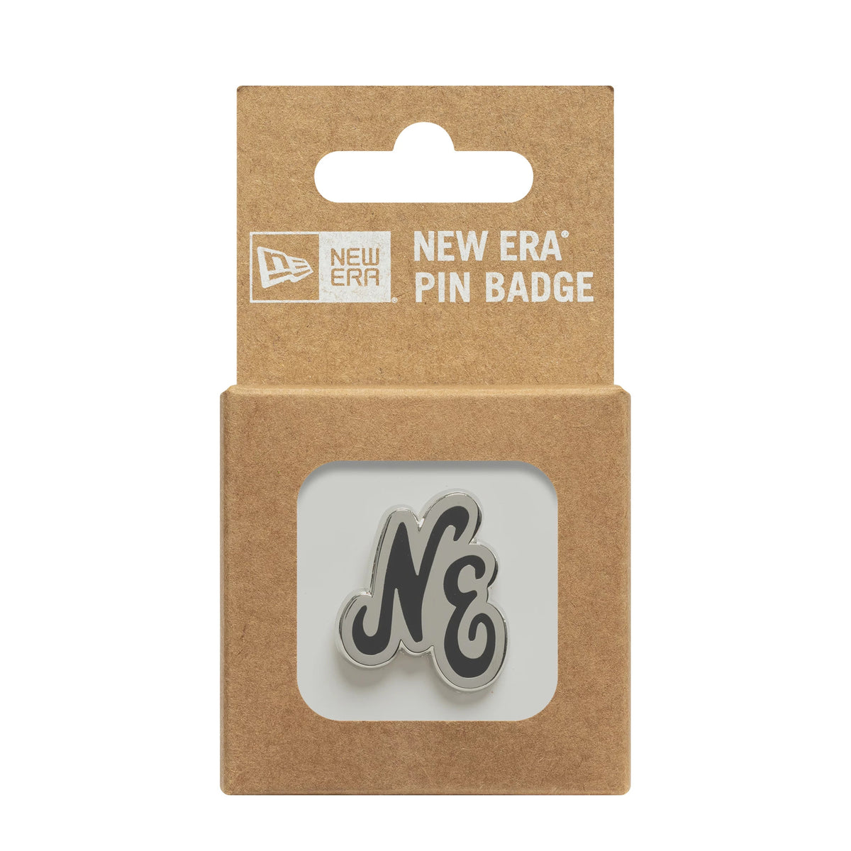New Era Script Black Pin Badge, front view showing a black script NE design with a silver outline, packaged in a brown cardboard backing with New Era Pin Badge branding at the top.