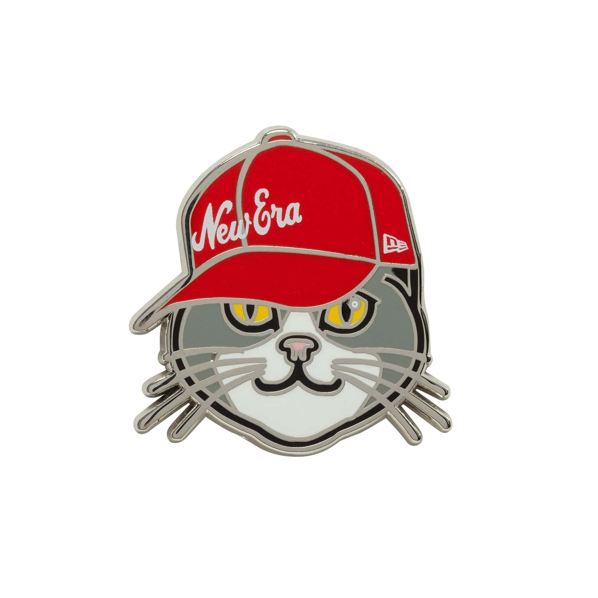 This is a New Era Cat Red Pin Badge 1