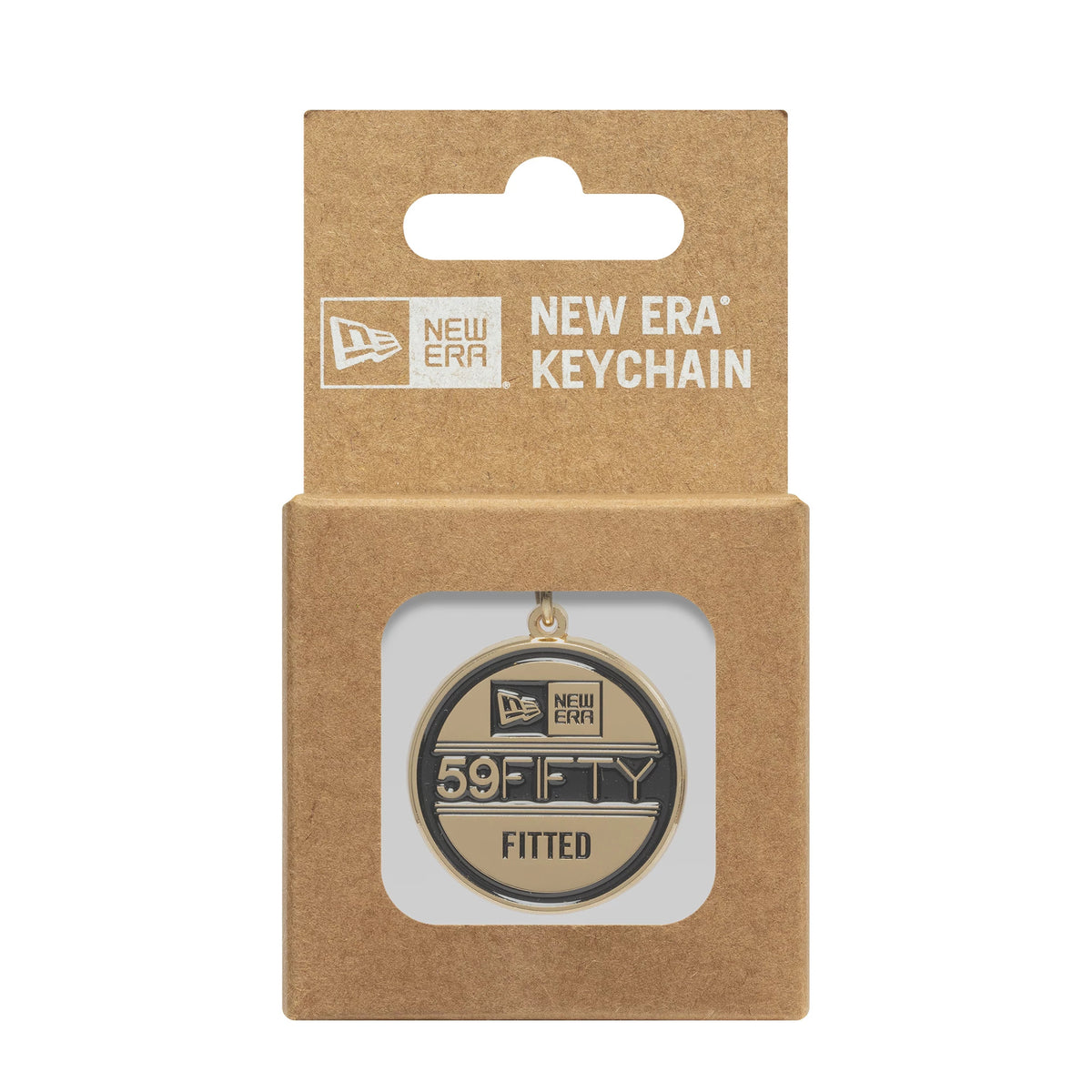 New Era 59FIFTY Sticker Black Key Chain, front view on a cardboard backing showing the circular design with raised New Era flag logo, 59FIFTY text, and FITTED in gold and black detail.