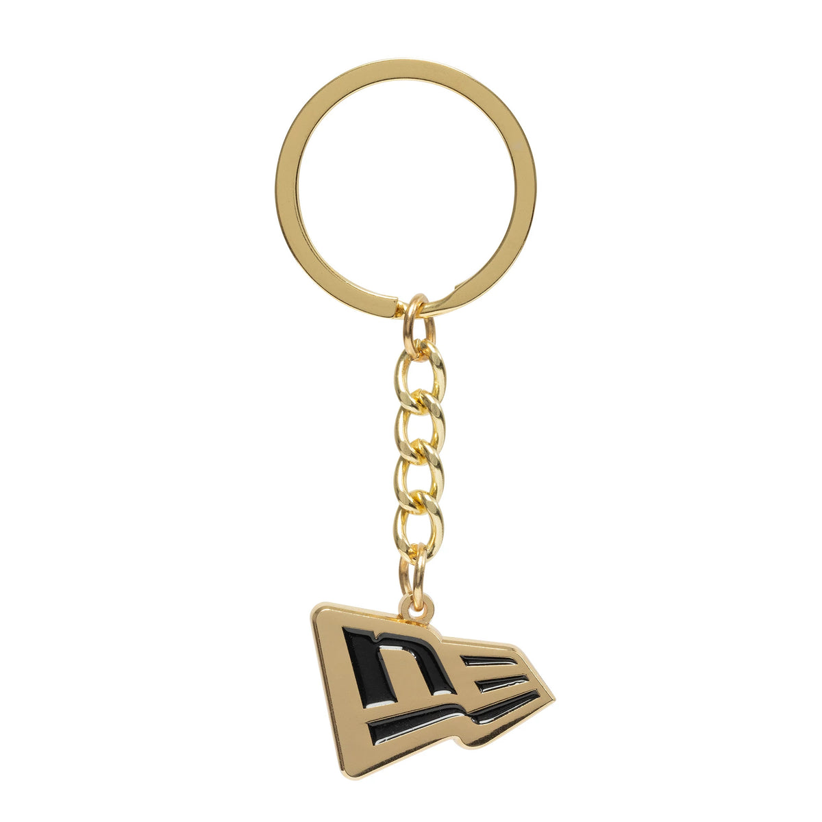 New Era Flag Black Key Chain, close-up showing the gold keyring with a chain and a dangling pendant shaped like the New Era flag logo, featuring black enamel on the logo.