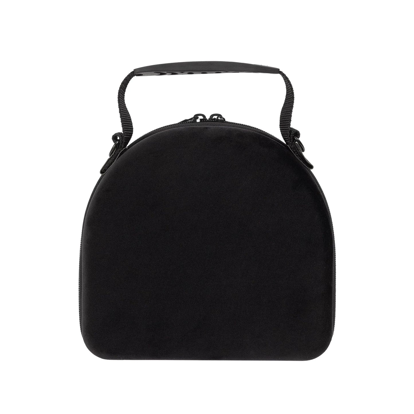 New Era Velour Black 2Pk 59FIFTY Cap Carrier, front view showing the black rounded shell with a zip closure along the top edge and a short black carry handle attached to the top, ideal for securing and transporting caps.