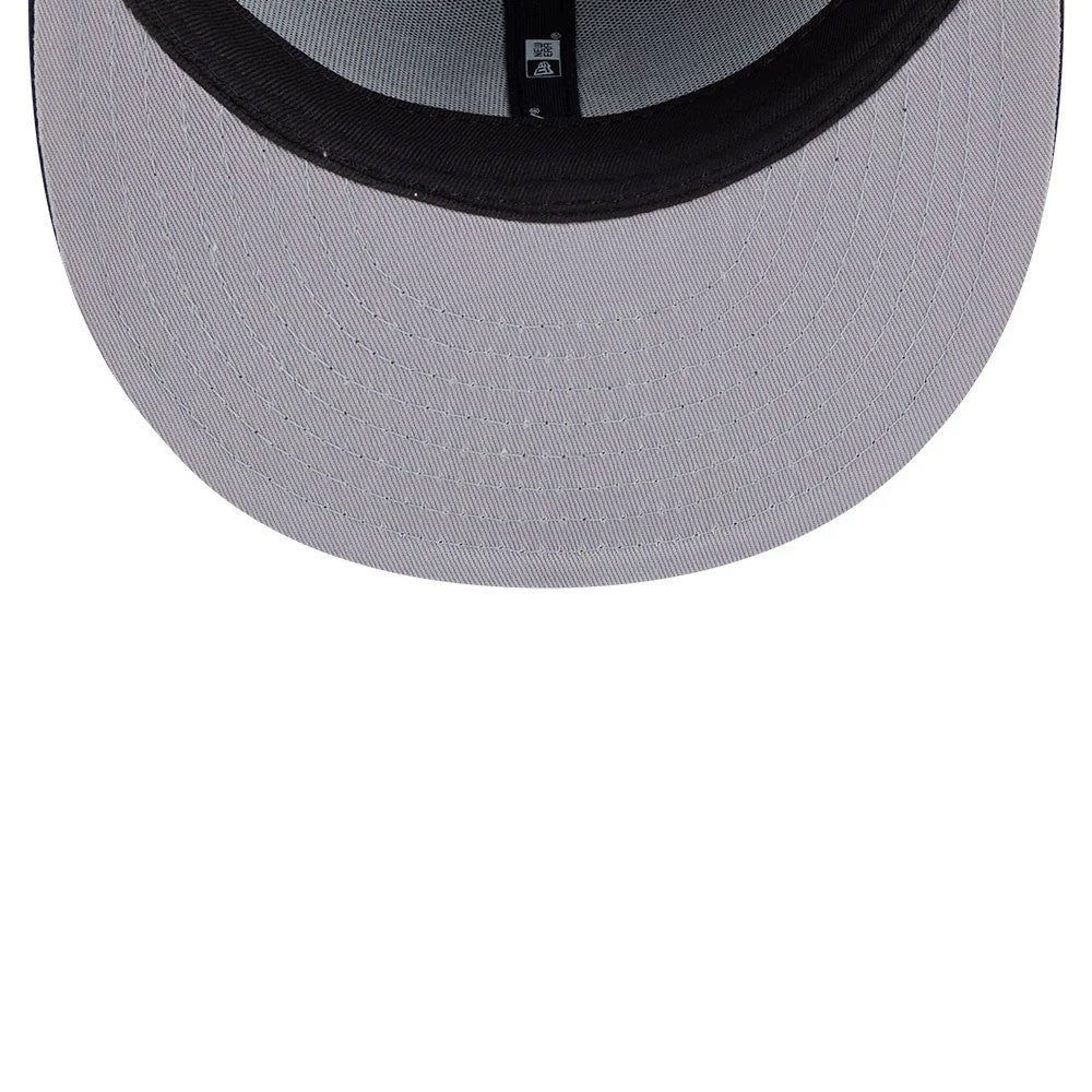 Detroit Tigers MLB Classic Navy Dogear New Era 59FIFTY Fitted Cap, inside view showing the black taping with brand and size labels, grey undervisor and a dark sweatband for contrasting style and functionality.