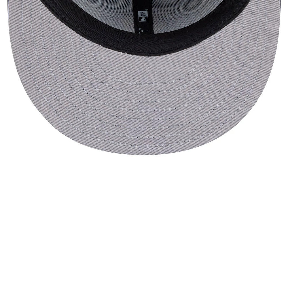 Boston Red Sox MLB Classic Navy Dogear New Era 59FIFTY Fitted Cap, inside view showing the black sweatband, grey undervisor, and black taping with white logos along the inside of the cap.