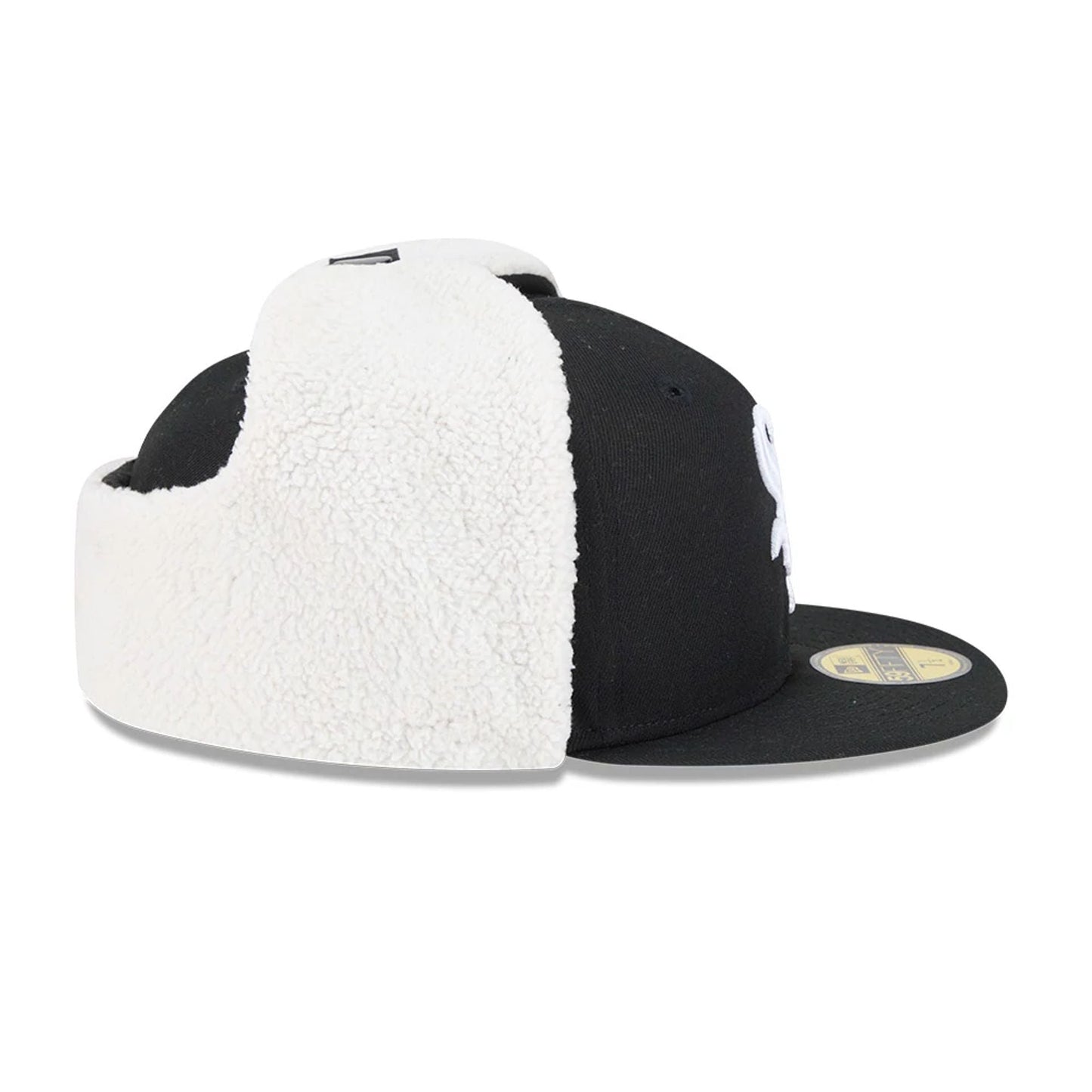 Boston Red Sox MLB Classic Navy Dogear New Era 59FIFTY Fitted Cap, side view showing the raised white embroidered logo on the front panel, black flat visor with a gold 59FIFTY size sticker, and white faux fur dogear flaps.