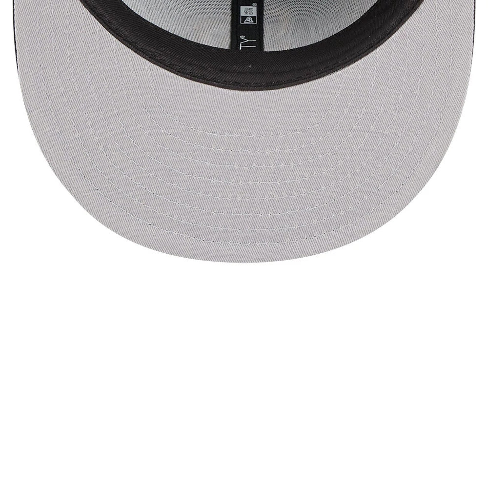 San Diego Padres MLB Classic Black Dogear New Era 59FIFTY Fitted Cap, inside view showing the grey undervisor, black taping with New Era logos, and size tag on the black sweatband.