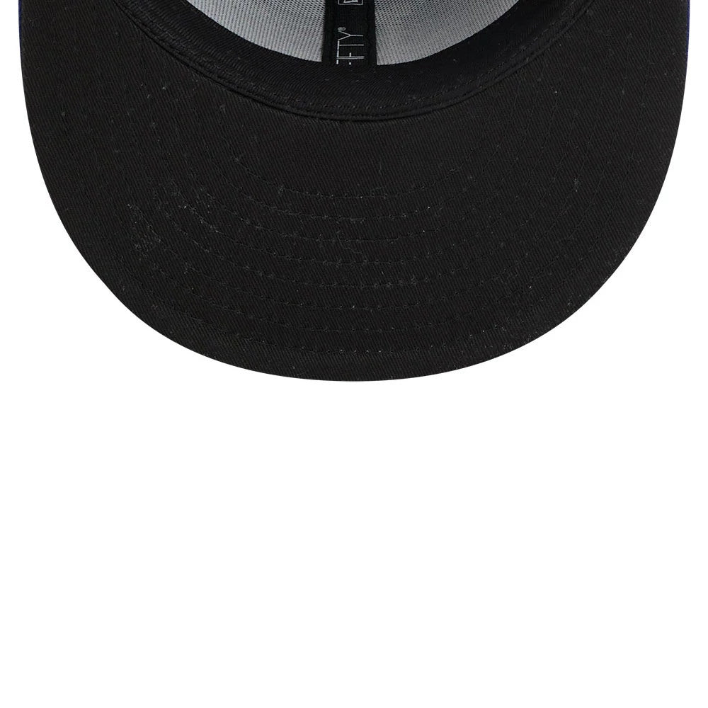 LA Dodgers MLB Classic Dark Blue Dogear New Era 59FIFTY Fitted Cap, inside view showing black undervisor and grey sweatband, with contrast black taping featuring repeated 59FIFTY lettering along the seams.