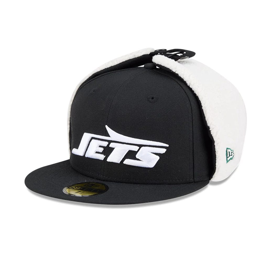 New York Jets NFL Classic Black Dogear New Era 59FIFTY Fitted Cap, three-quarter view showing the white raised embroidered Jets logo on the front, black flat visor with a gold 59FIFTY size sticker, and white fleece dogear flaps.
