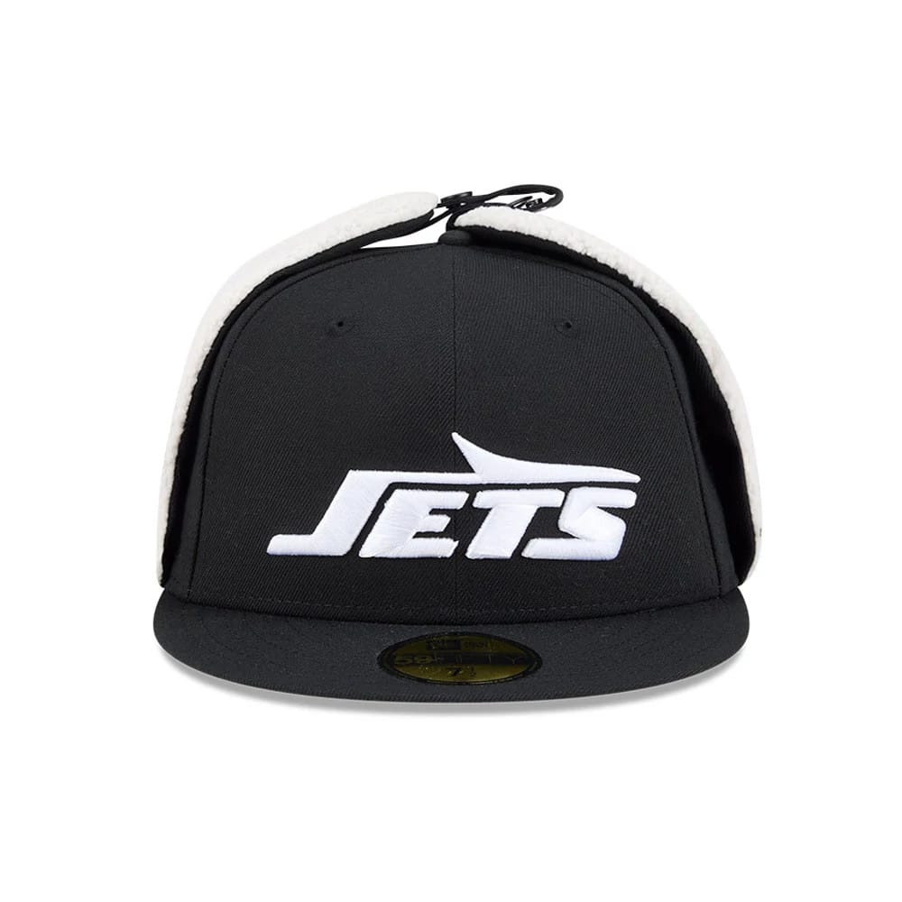 New York Jets NFL Classic Black Dogear New Era 59FIFTY Fitted Cap, front view showing the white raised Jets wordmark on the structured black crown, with a black flat visor and gold 59FIFTY size sticker.