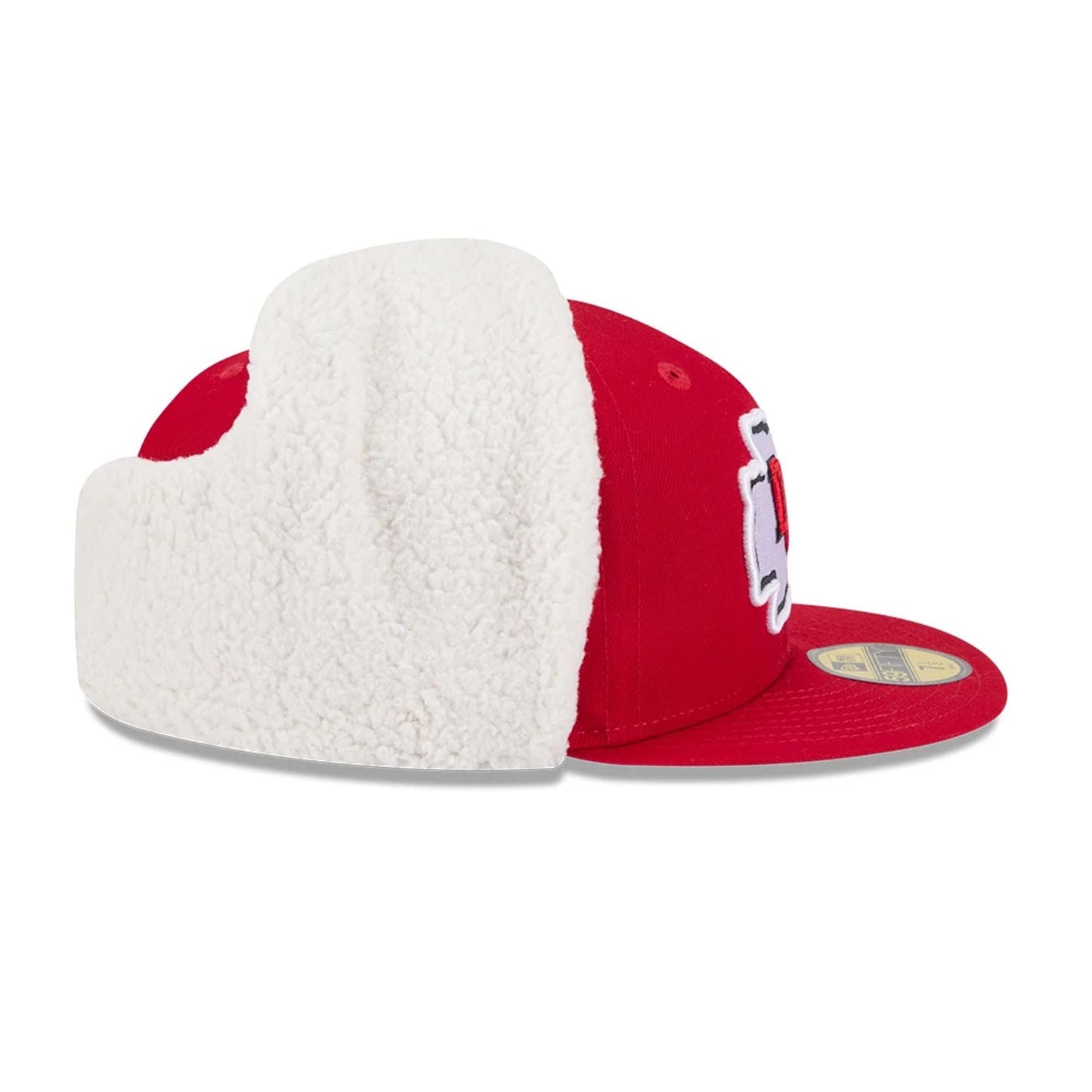 Kansas City Chiefs NFL Classic Red Dogear New Era 59FIFTY Fitted Cap, three-quarter view showing the raised white and red Chiefs logo on the front panel, red flat visor with a gold 59FIFTY size sticker, and white sherpa dogear flaps.