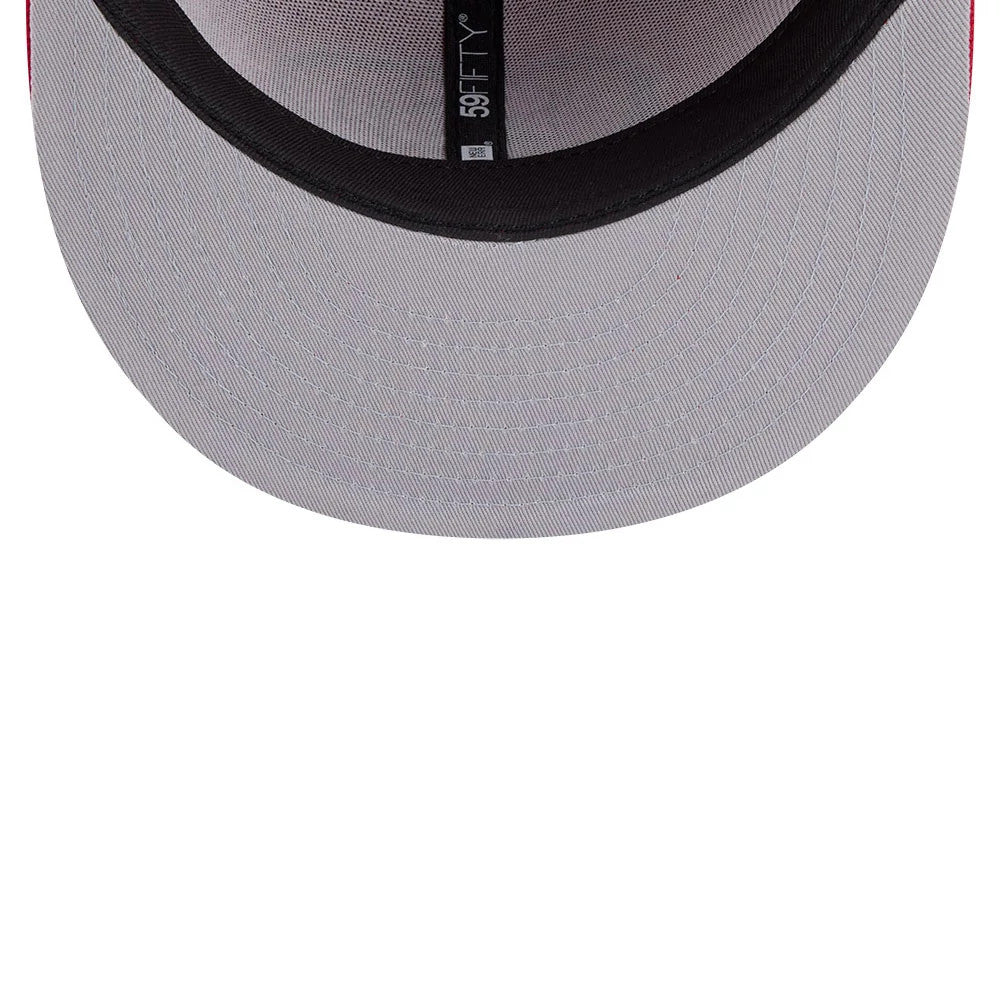 Kansas City Chiefs NFL Classic Red Dogear New Era 59FIFTY Fitted Cap, inside view showing the grey underside of the visor, black sweatband, and branded taping running across the top for added detail.