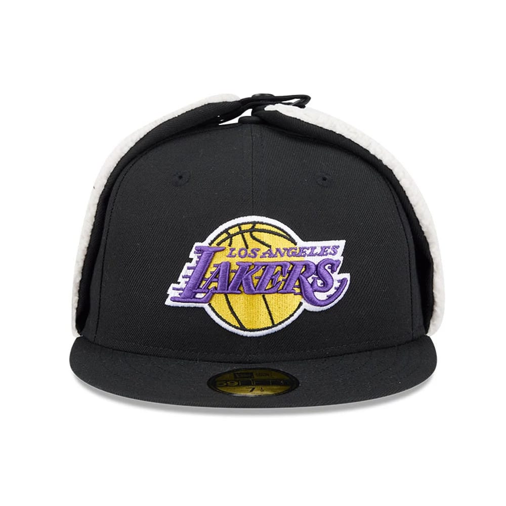 LA Lakers NBA Classic Black New Era Dogear 59FIFTY Fitted Cap, front view showing the purple and yellow Lakers logo embroidered on the front panel, black flat visor, and gold 59FIFTY size sticker.