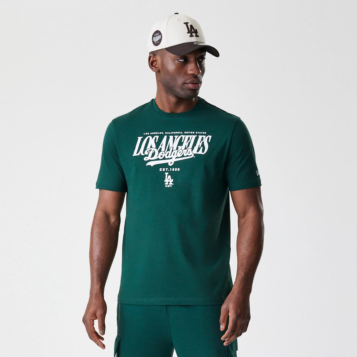 The Male model is wearing LA Dodgers MLB Script Graphic Dark Green T-Shirt 3