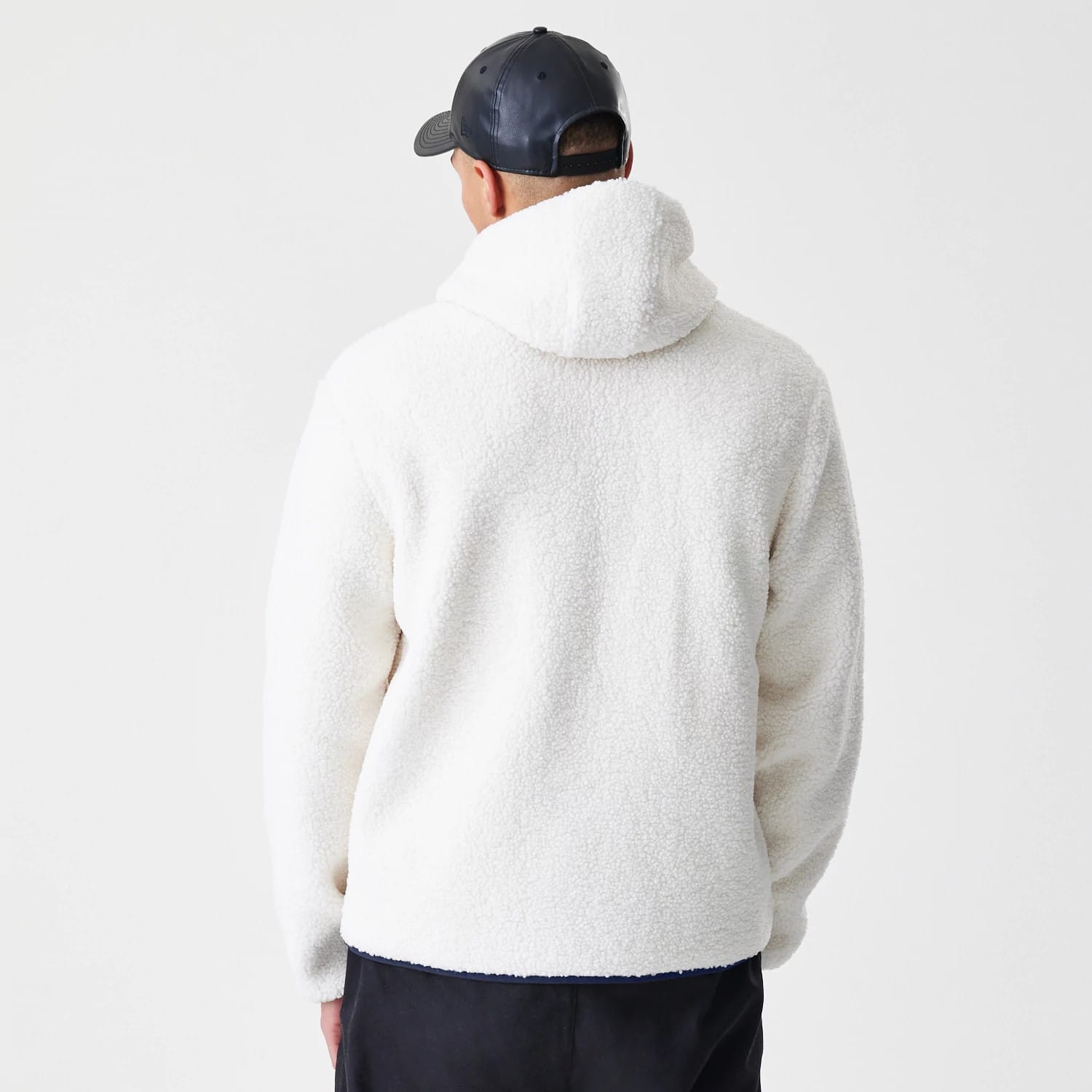 The Male model is wearing New York Yankees MLB Open White Hooded Sherpa Jacket 2