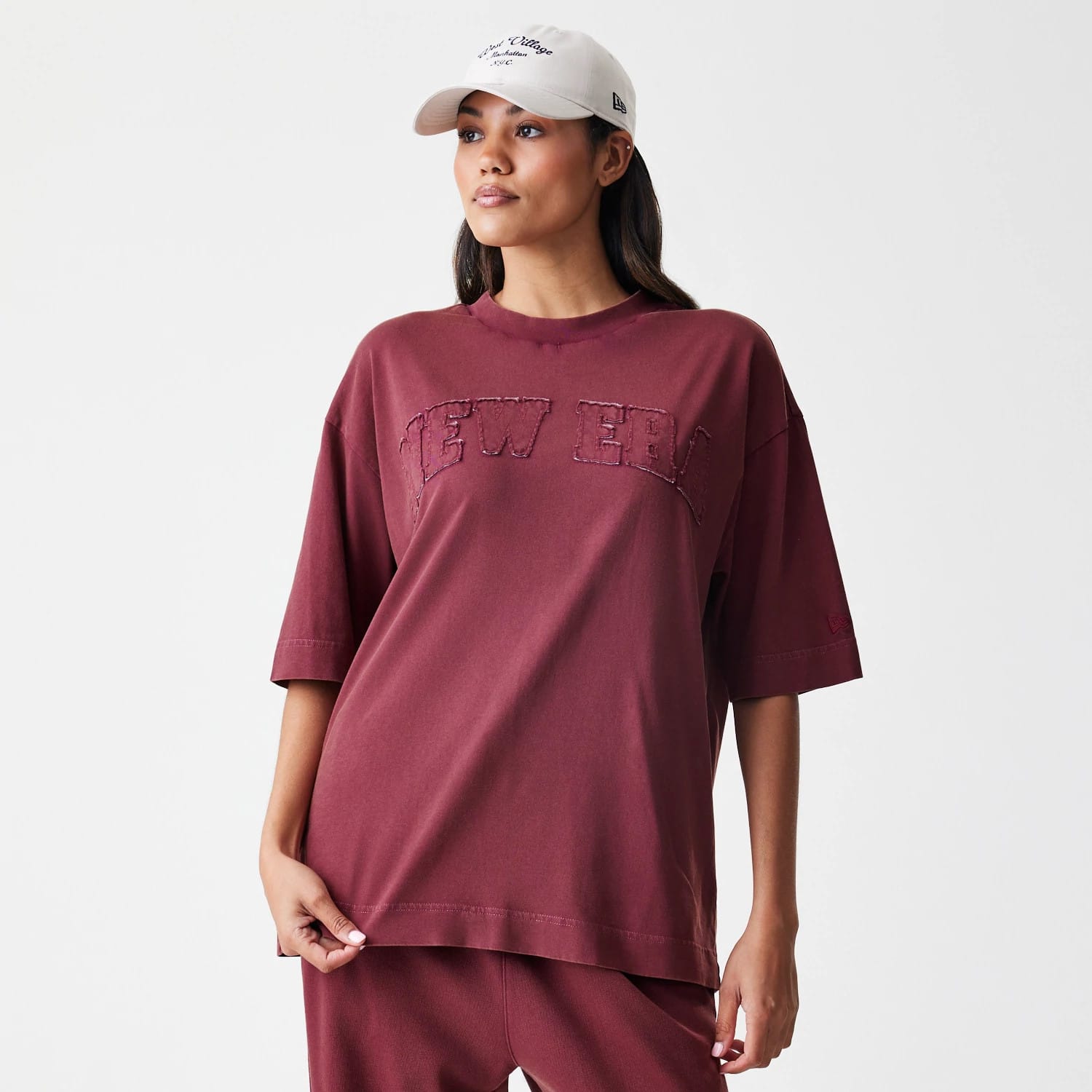 The Male model is wearing New Era Washed Dark Red Oversized T-Shirt 4