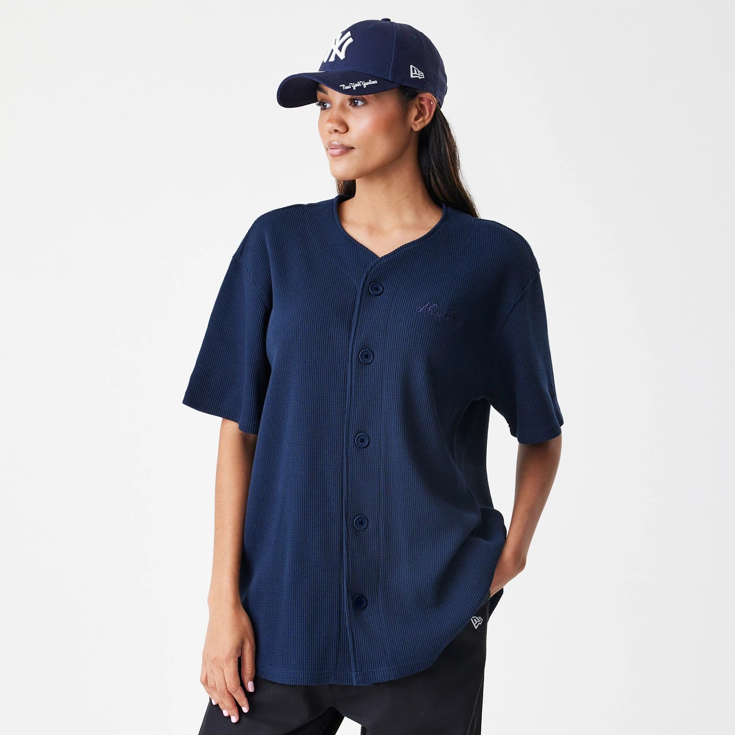The Male model is wearing New Era Waffle Navy Jersey 4
