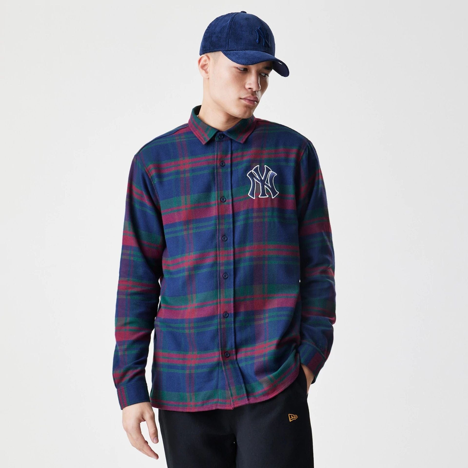 The Male model is wearing New York Yankees MLB Check Navy Long Sleeve Shirt 1