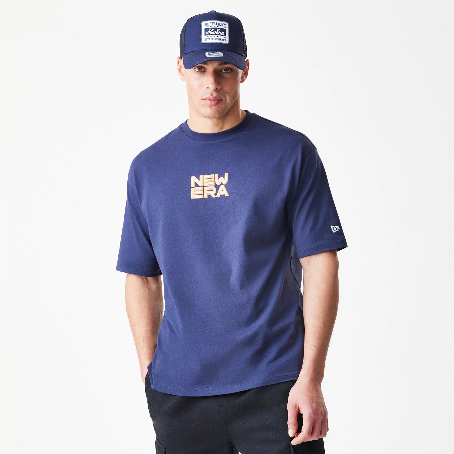 The Male model is wearing New Era Location Navy Oversized T-Shirt 3