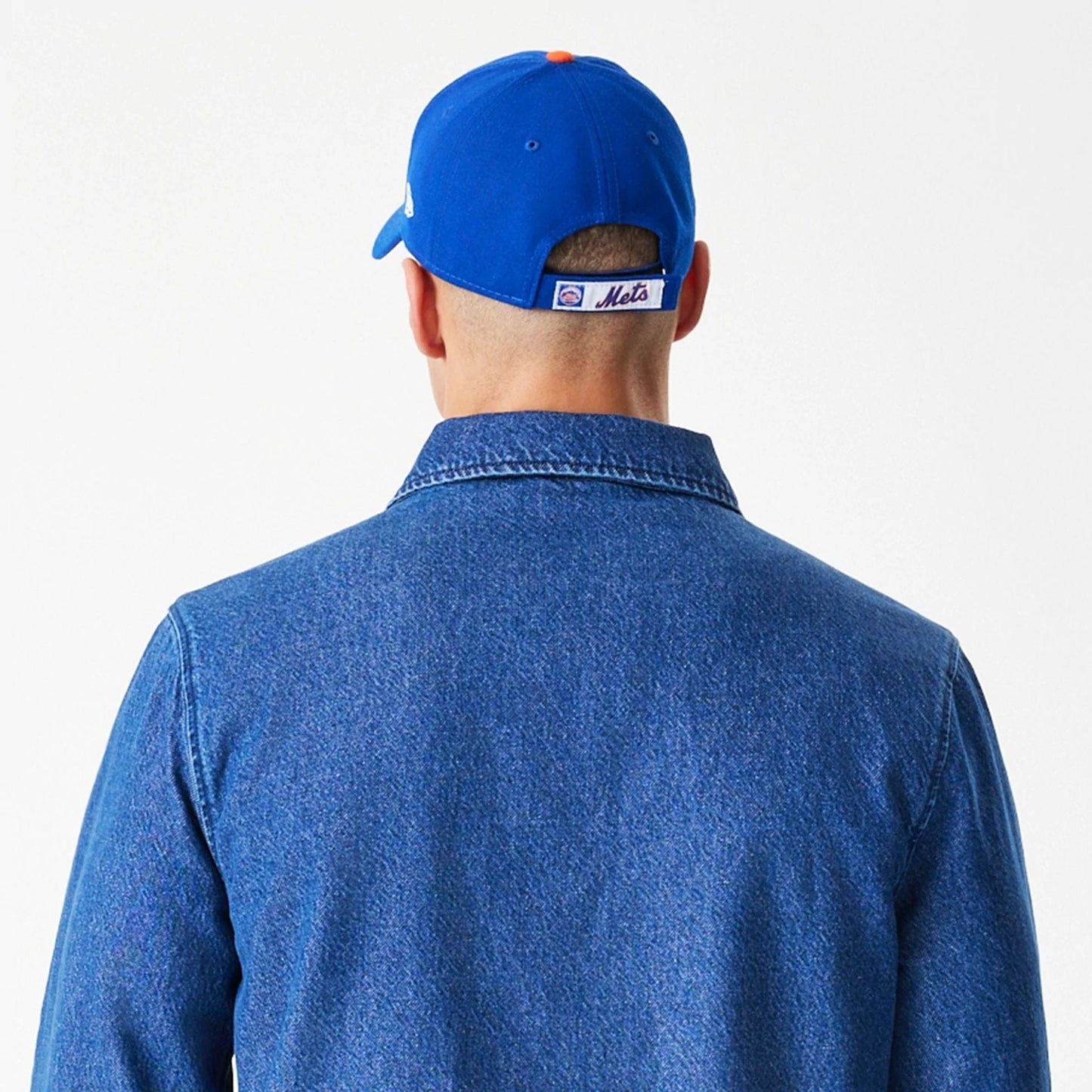 The Male model is wearing New York Mets MLB Denim Dark Blue Coaches Jacket 8