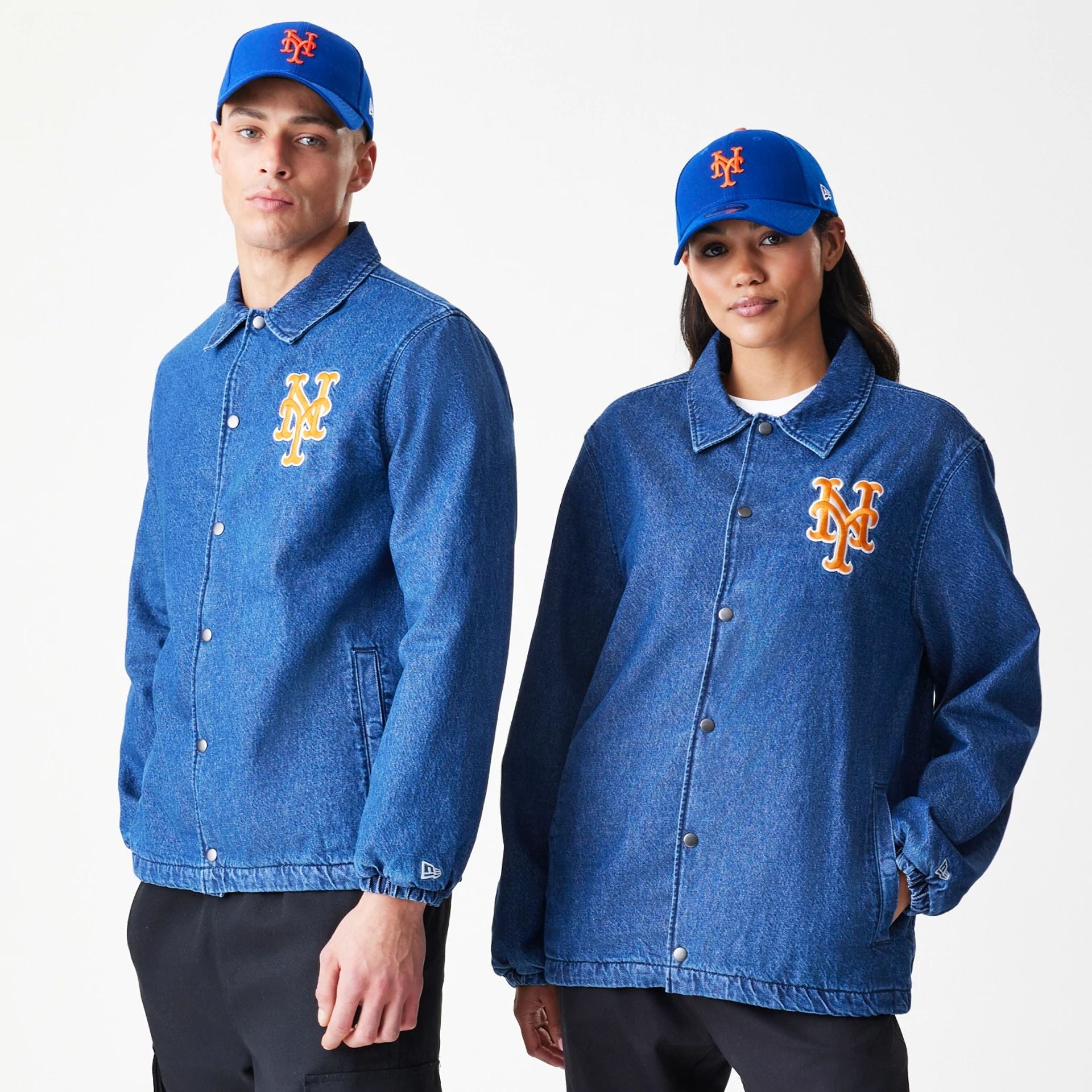 The Male model is wearing New York Mets MLB Denim Dark Blue Coaches Jacket 1
