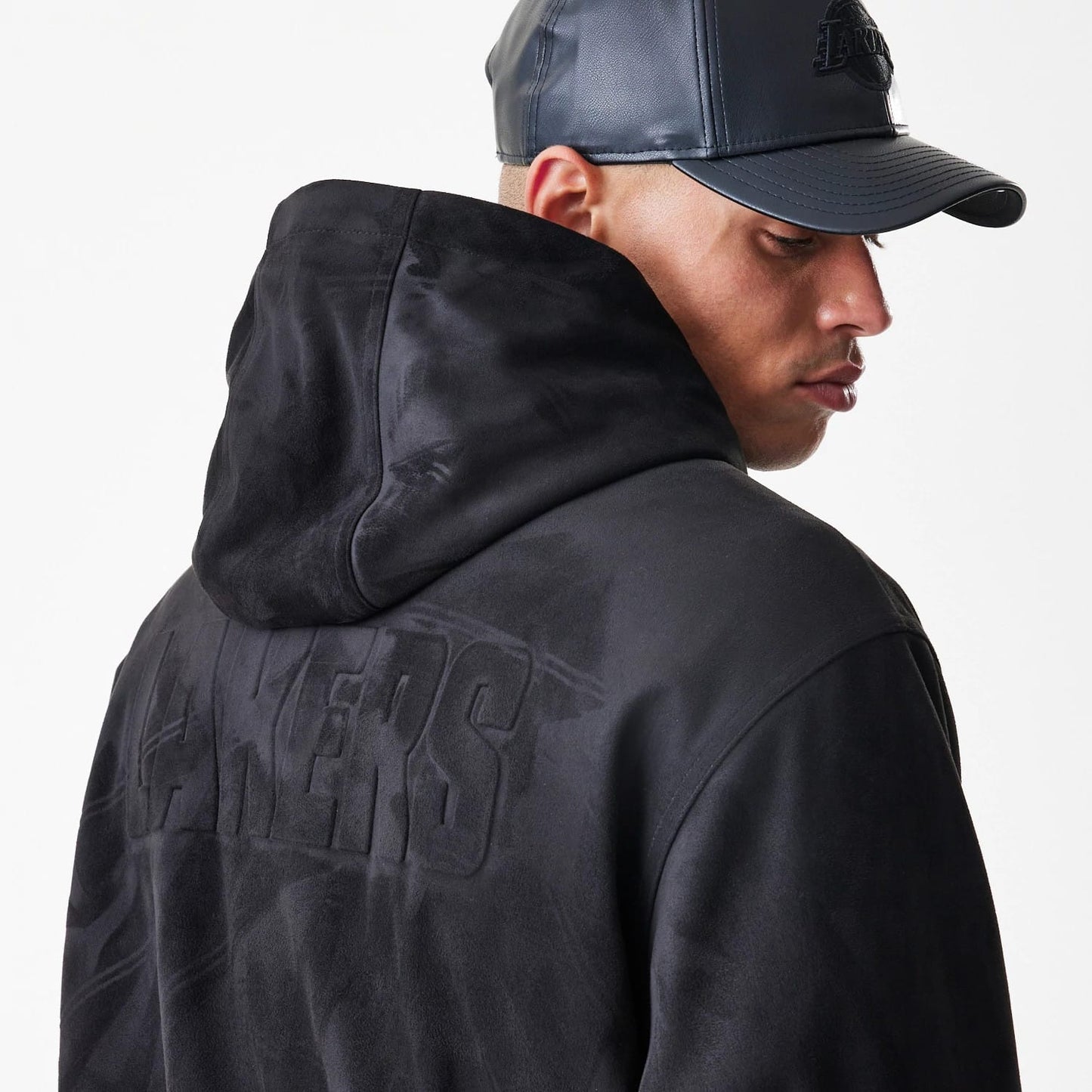 The Male model is wearing LA Lakers NBA Suede Black Hooded Jacket 8