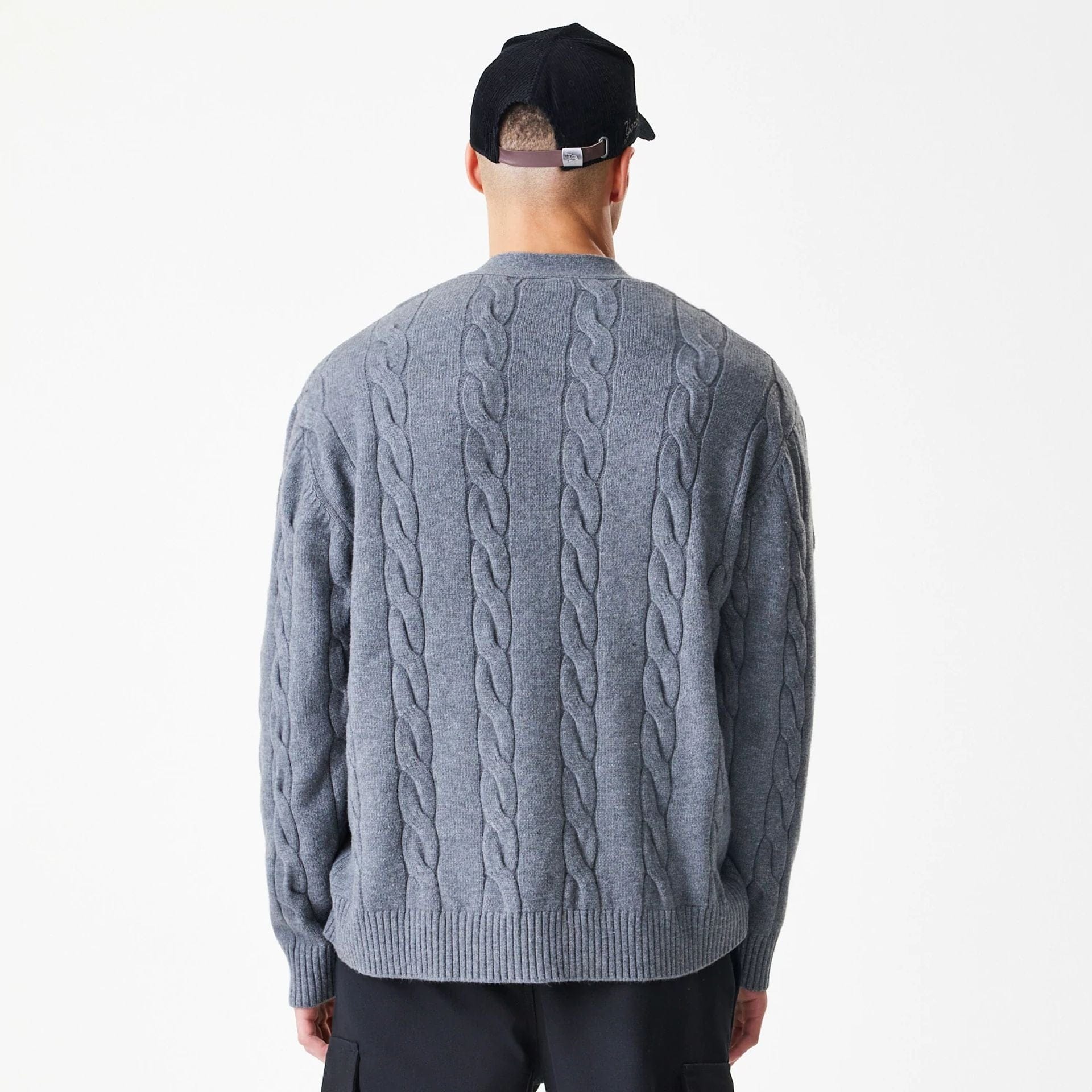 The Male model is wearing New York Yankees MLB Cable Knit Dark Grey Cardigan 2