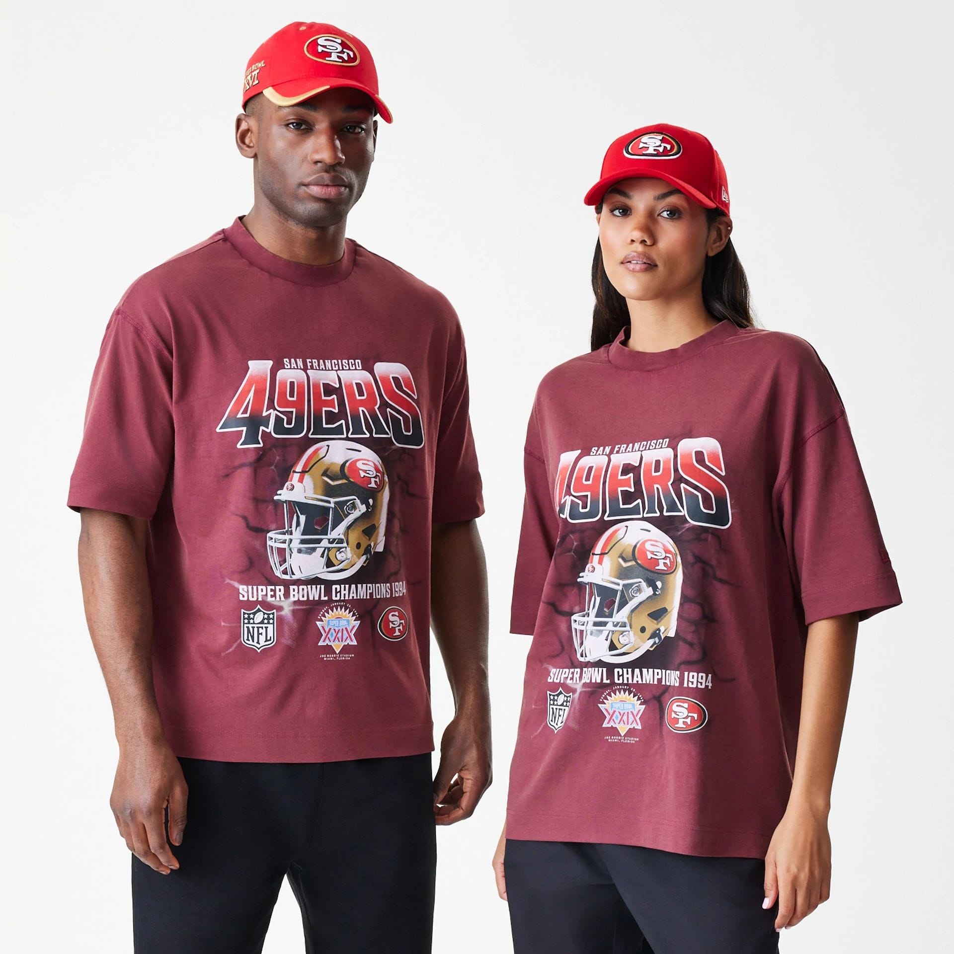 The Male model is wearing San Francisco 49ers NFL Washed Boxy Dark Red Oversized T-Shirt 1