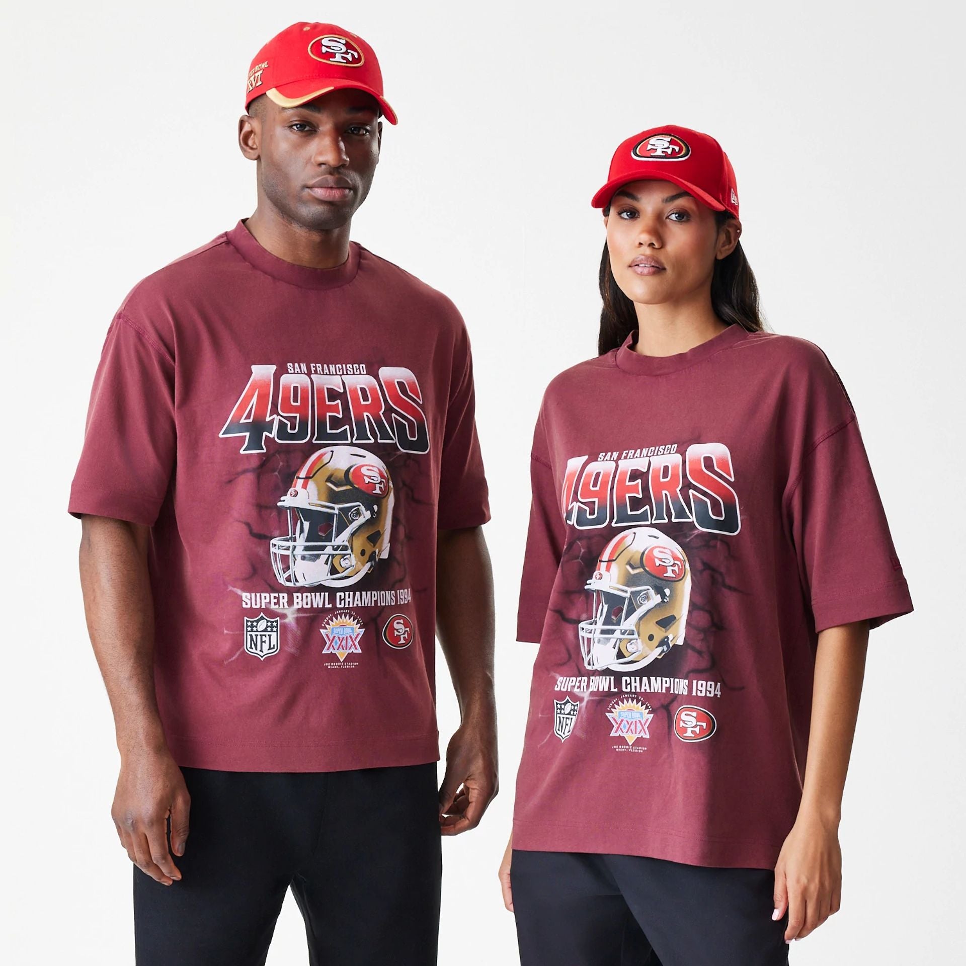 The Male model is wearing San Francisco 49ers NFL Washed Boxy Dark Red Oversized T-Shirt 1