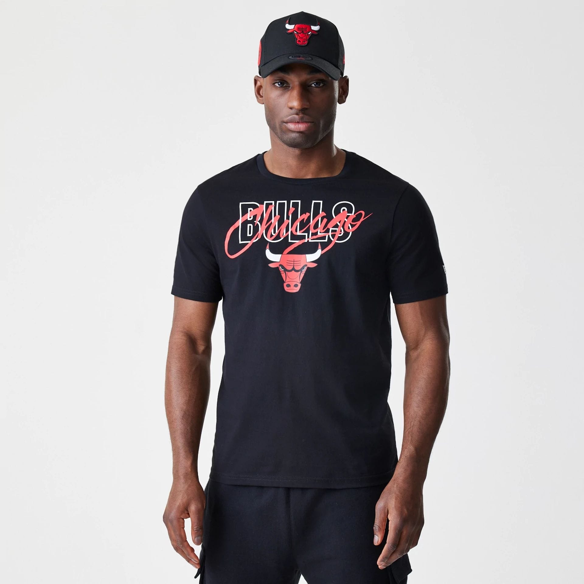 The Male model is wearing Chicago Bulls NBA Script Black T-Shirt 1