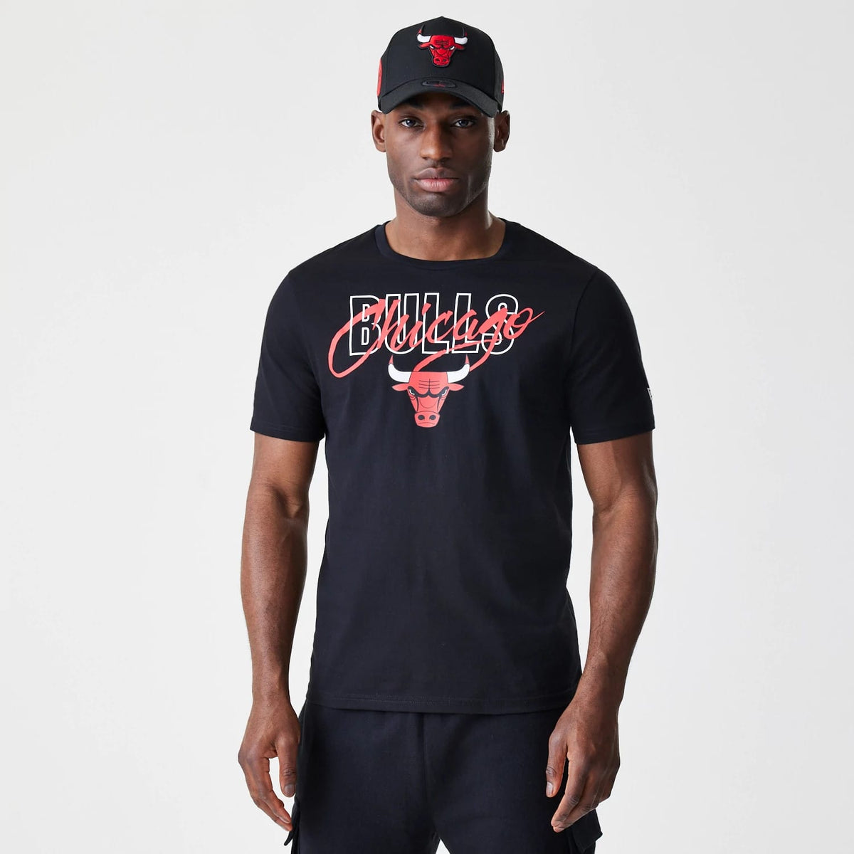 The Male model is wearing Chicago Bulls NBA Script Black T-Shirt 1