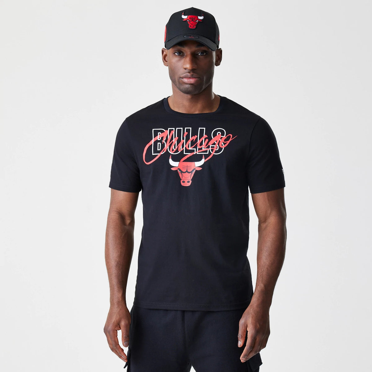 The Male model is wearing Chicago Bulls NBA Script Black T-Shirt 1