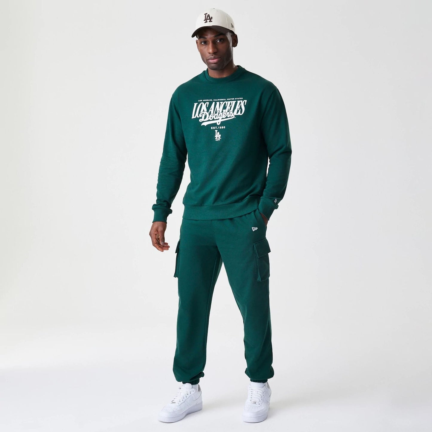 The Male model is wearing LA Dodgers MLB Script Dark Green Crew Neck Sweater 8