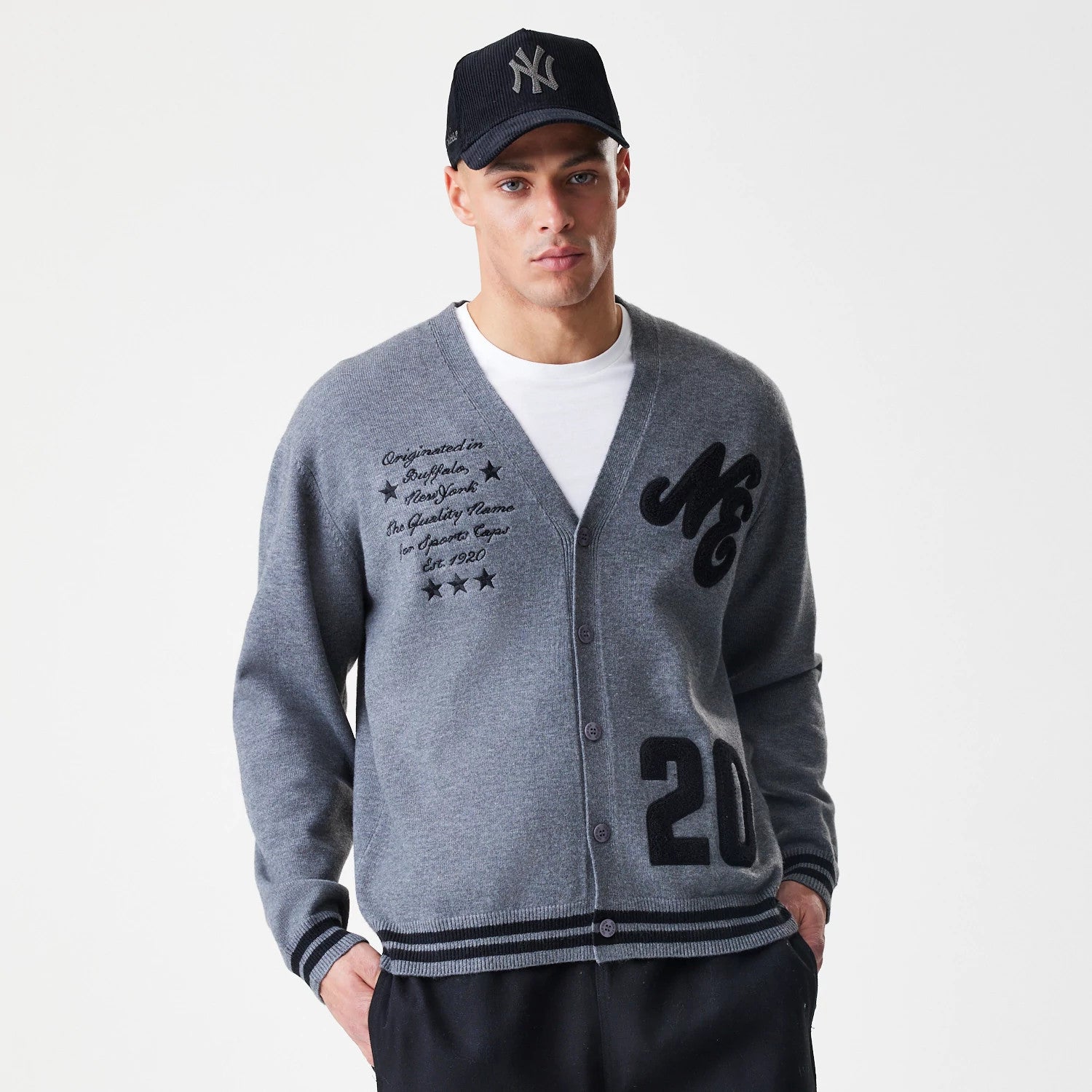 The Male model is wearing New Era Dark Grey Cardigan 3