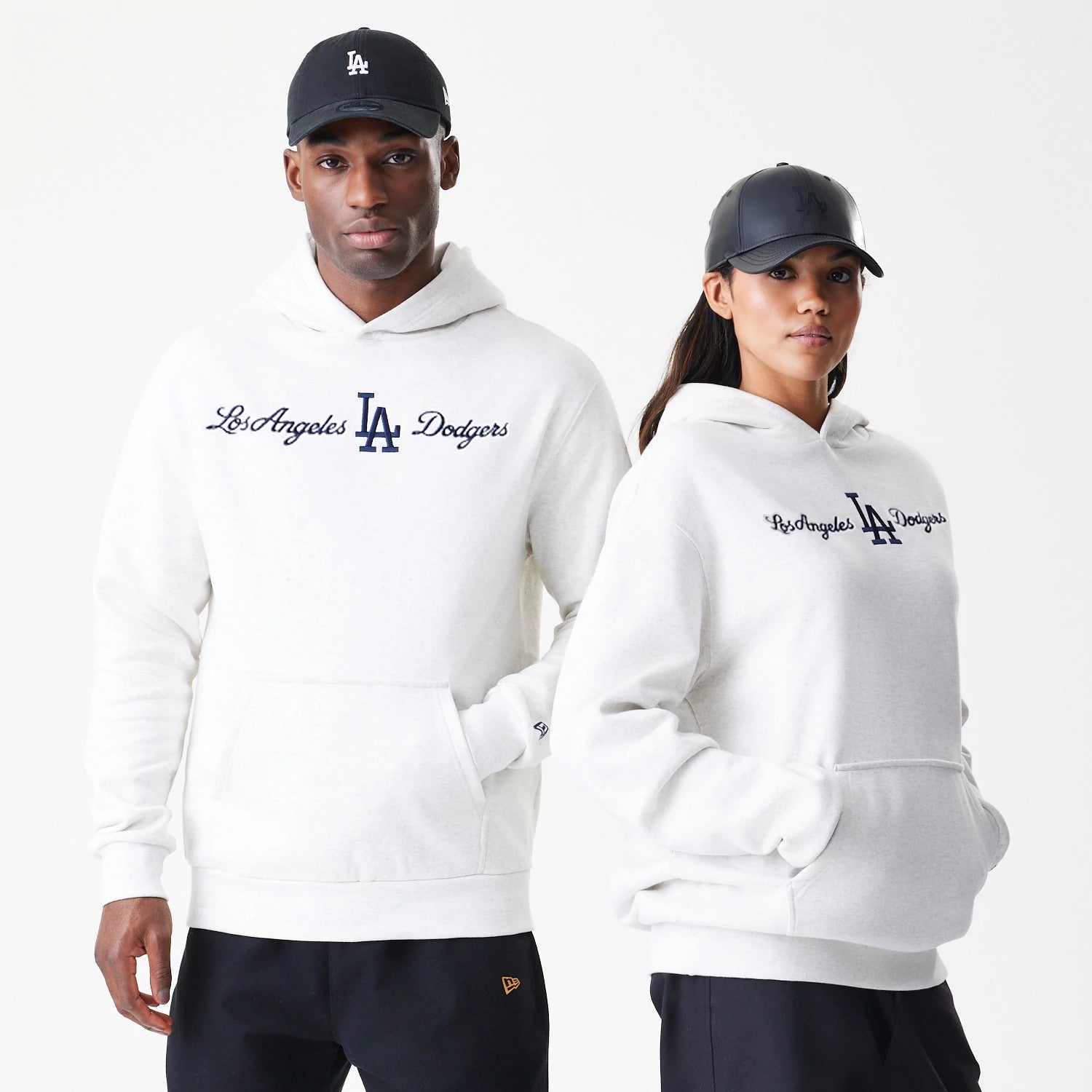 The Male model is wearing LA Dodgers MLB Script White Oversized Pullover Hoodie 1