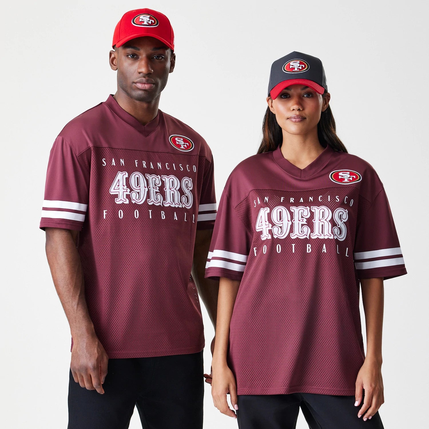 The Male model is wearing San Francisco 49ers NFL Mesh Dark Red Jersey 1