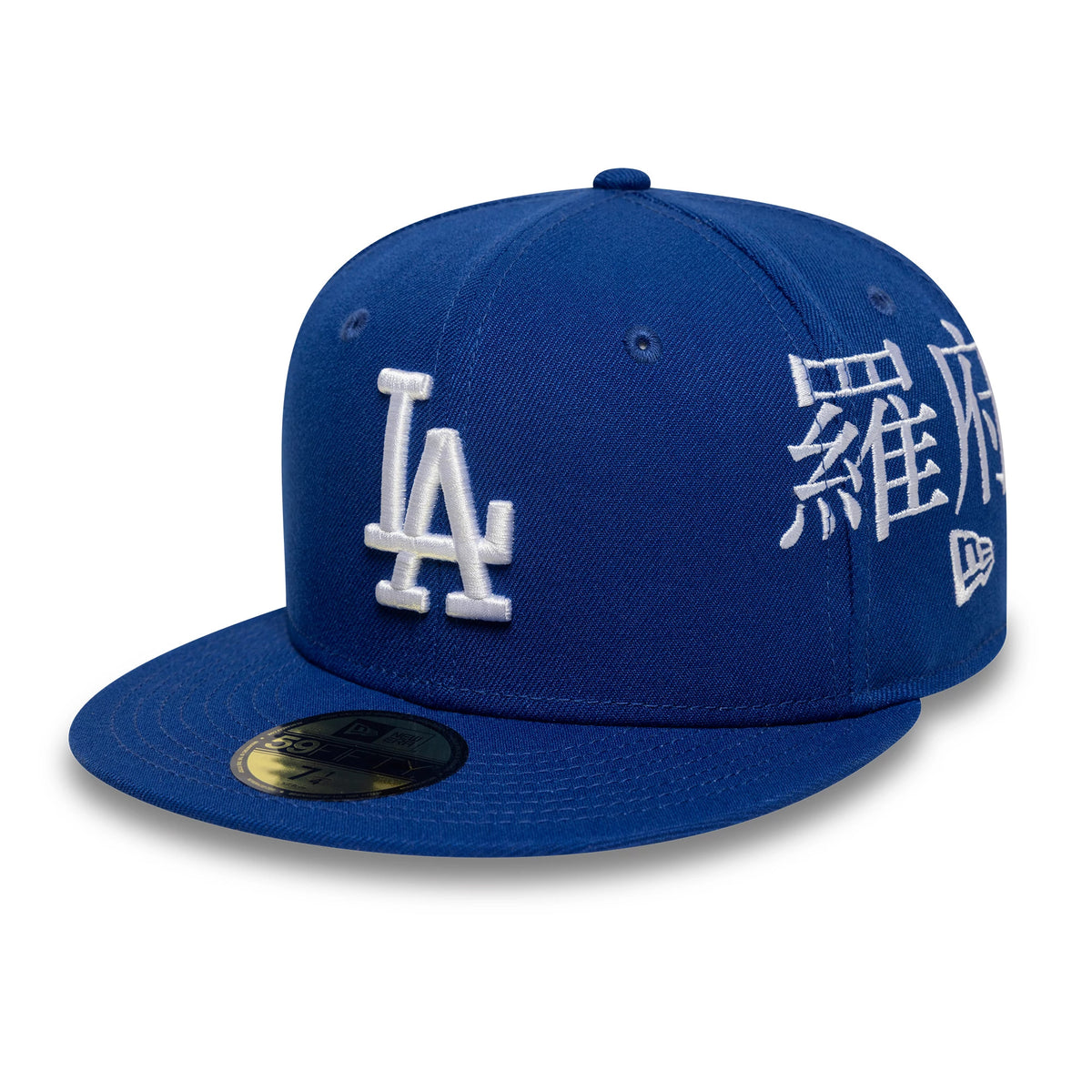 LA Dodgers MLB Poly Kanji Blue New Era 59FIFTY Fitted Cap, three-quarter view showing the white raised LA logo on the front panel and white Kanji script embroidery on the right side, with a gold 59FIFTY size sticker on the blue visor.