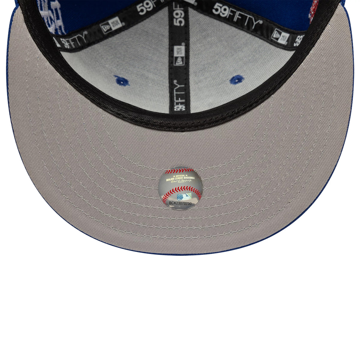 LA Dodgers MLB Poly Kanji Blue New Era 59FIFTY Fitted Cap, inside view showing the grey undervisor with a baseball sticker, black sweatband, and black 59FIFTY branded taping along the inner seams.
