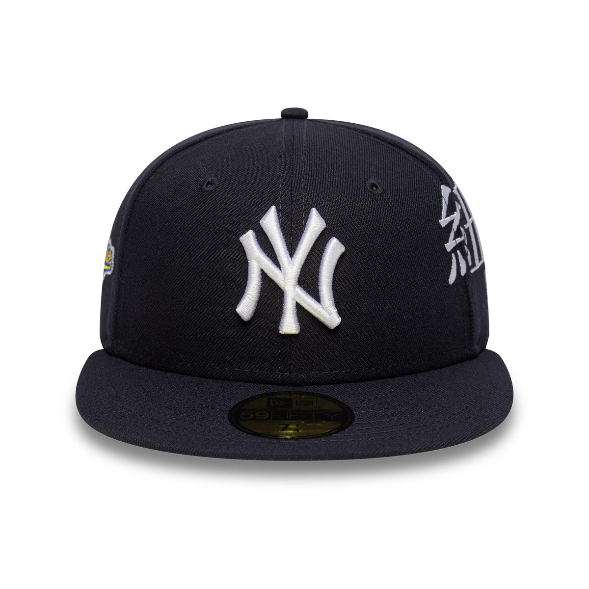 New York Yankees MLB Poly Kanji Navy New Era 59FIFTY Fitted Cap, front view showing a raised white embroidered NY logo on the navy crown, with white Kanji characters on the right side and a gold 59FIFTY size sticker on the black flat visor.