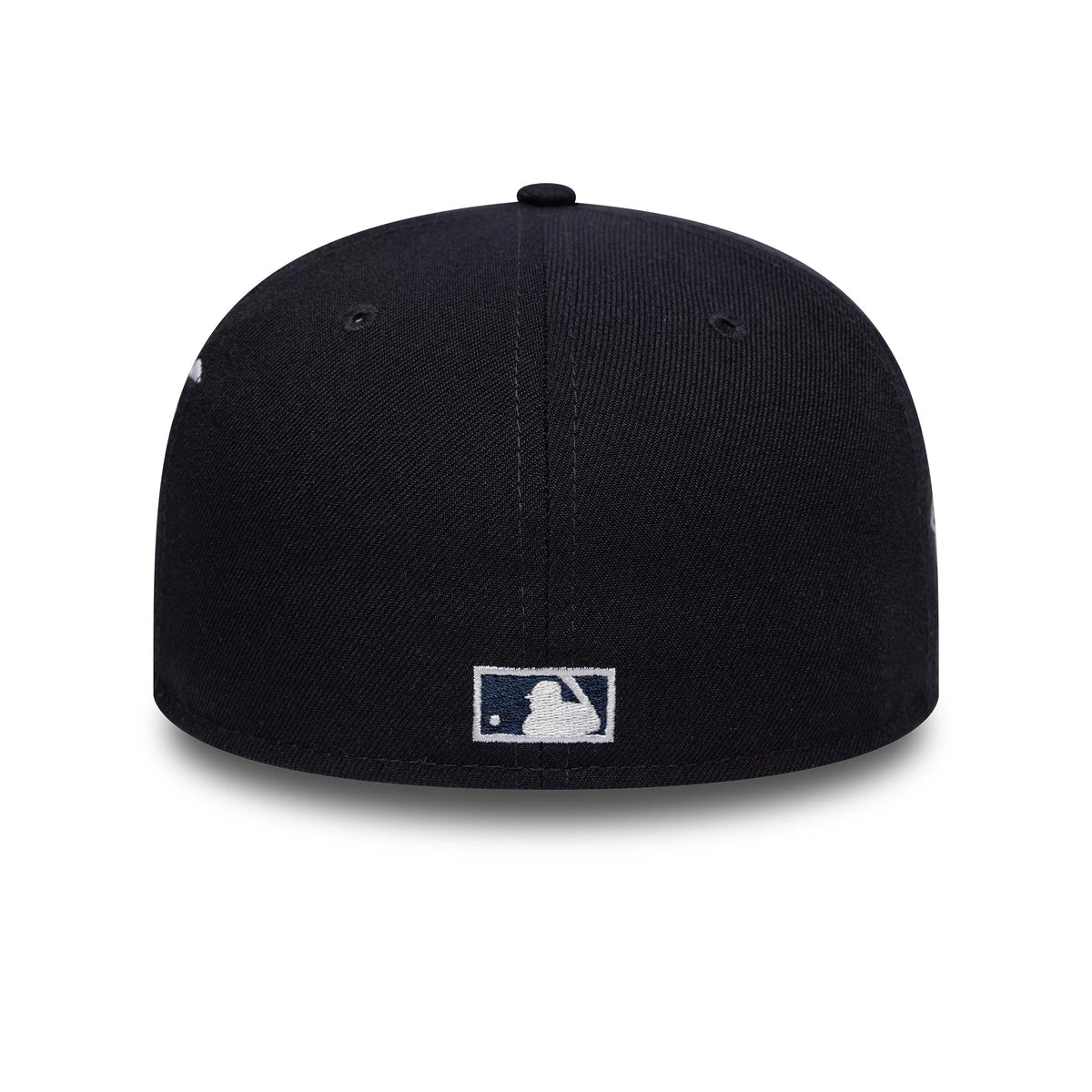 New York Yankees MLB Poly Kanji Navy New Era 59FIFTY Fitted Cap, rear view showing the white embroidered MLB Batterman logo at the centre back, with a dark navy structured crown and matching eyelets.