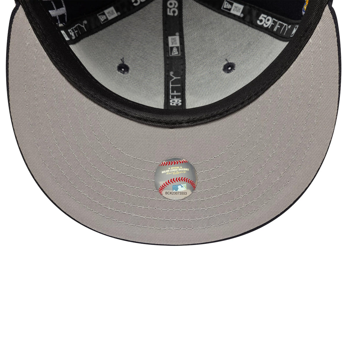 New York Yankees MLB Poly Kanji Navy New Era 59FIFTY Fitted Cap, inside view showing the grey undervisor, with a baseball-shaped sticker, black sweatband and New Era 59FIFTY branded taping along the interior seams.
